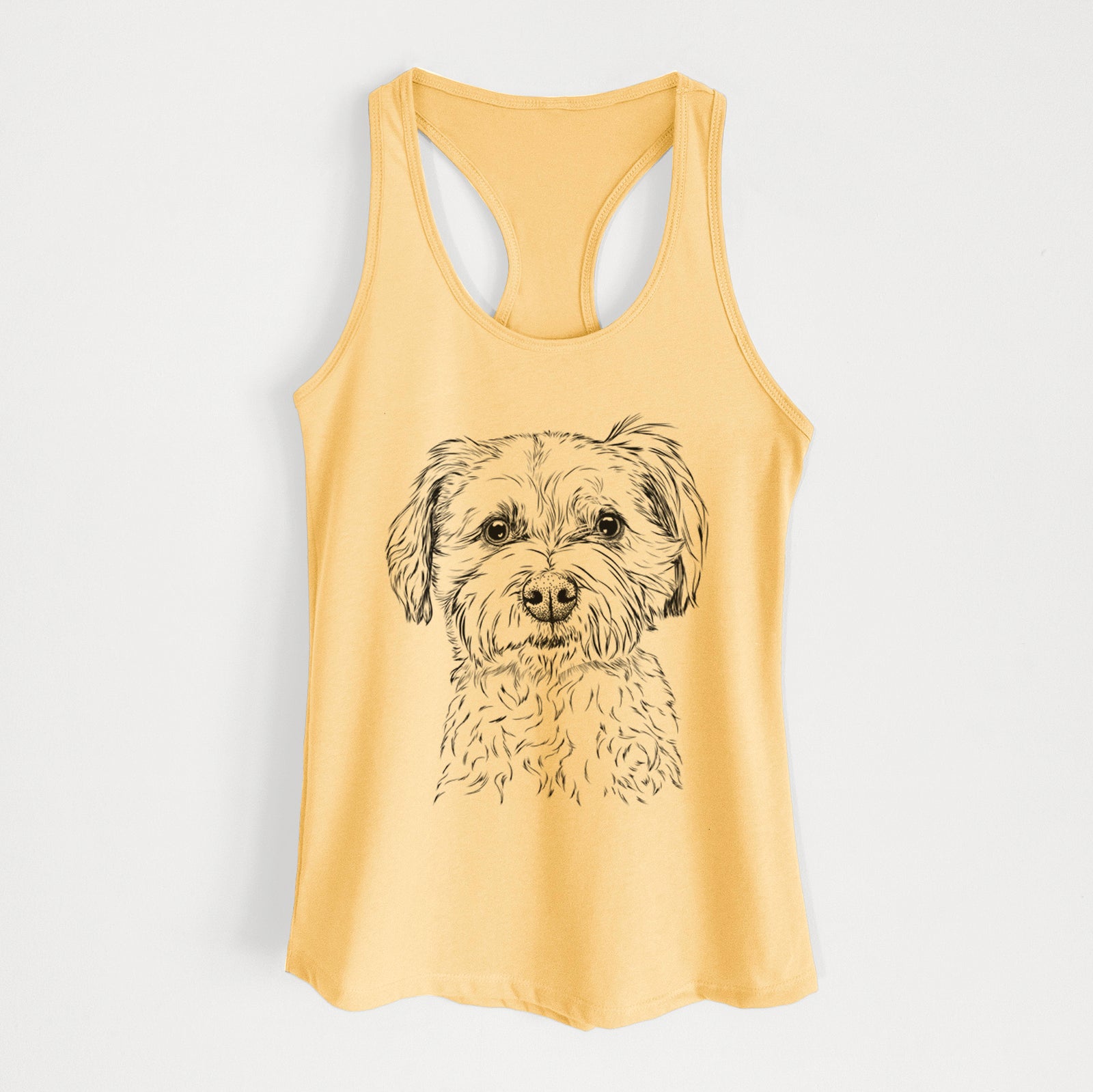 Hand-drawn sketch of Wyatt the Coton de Tulear on a Banana Cream Women's racerback tanktop