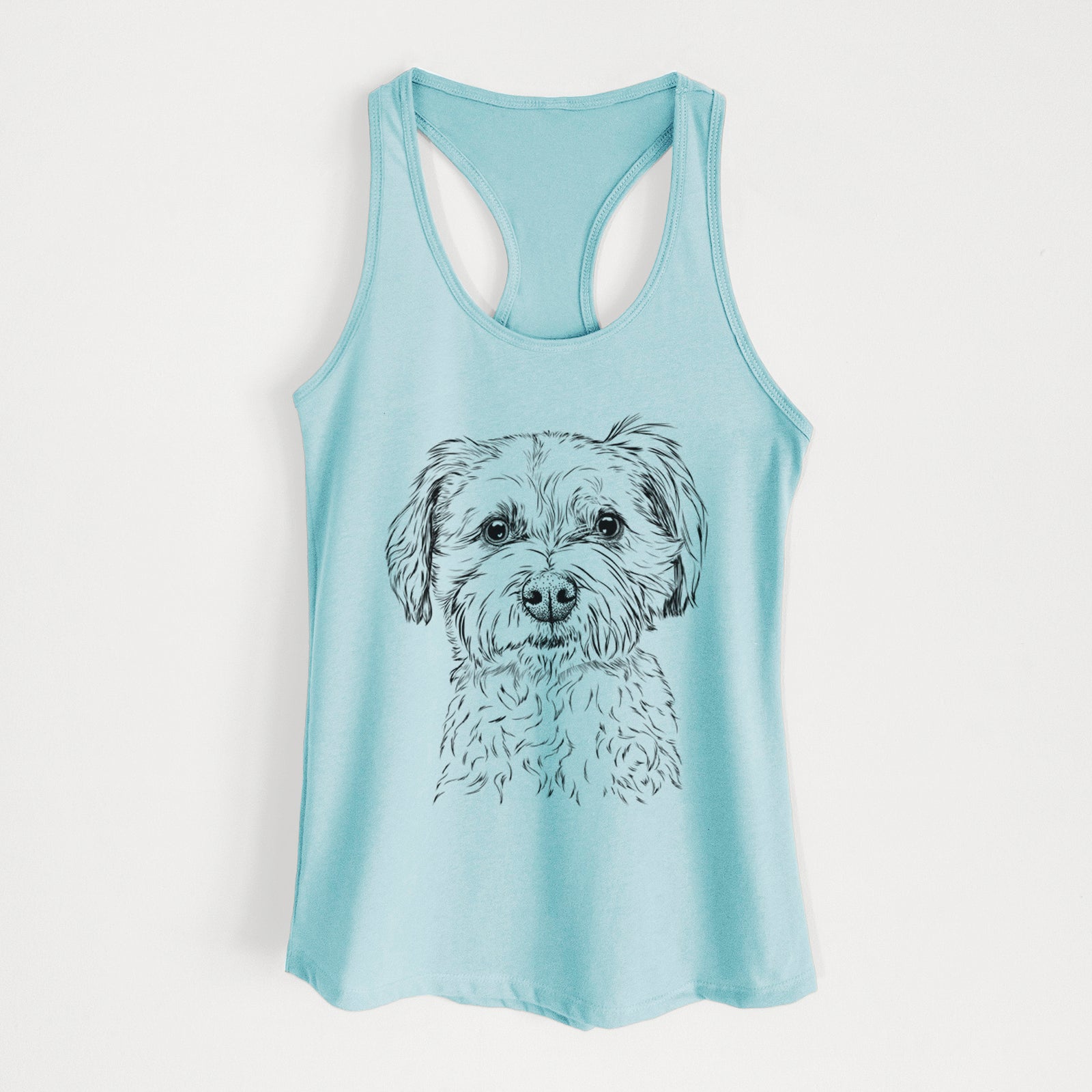 Hand-drawn sketch of Wyatt the Coton de Tulear on a Cancun Blue Women's racerback tanktop