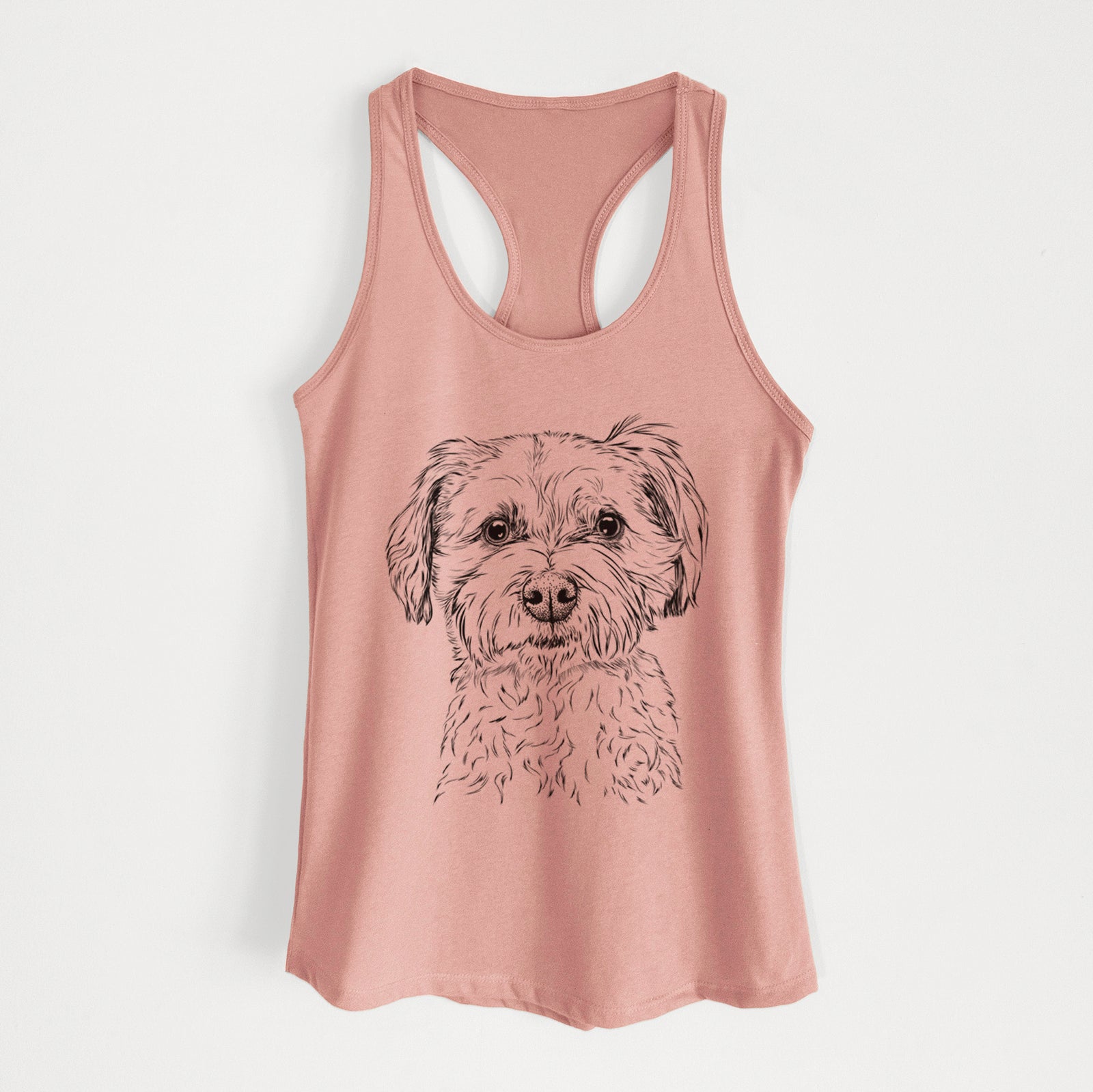 Hand-drawn sketch of Wyatt the Coton de Tulear on a Desert Pink Women's racerback tanktop