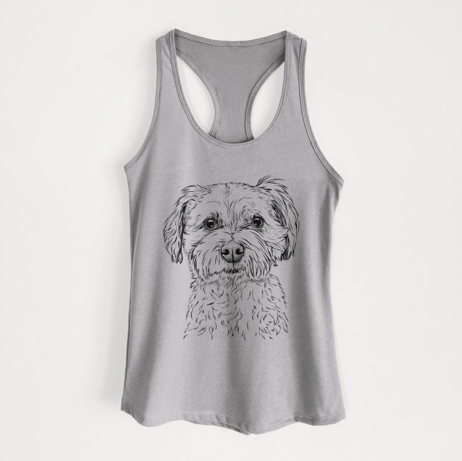 Hand-drawn sketch of Wyatt the Coton de Tulear on a Heather Grey Women's racerback tanktop