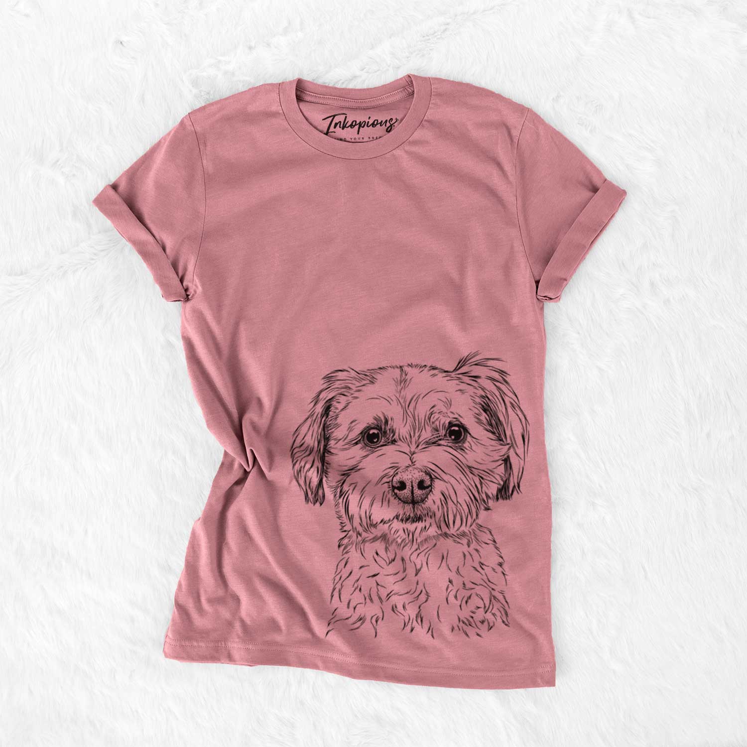 Hand-drawn sketch of Wyatt the Coton de Tulear on a Mauve Unisex crewneck