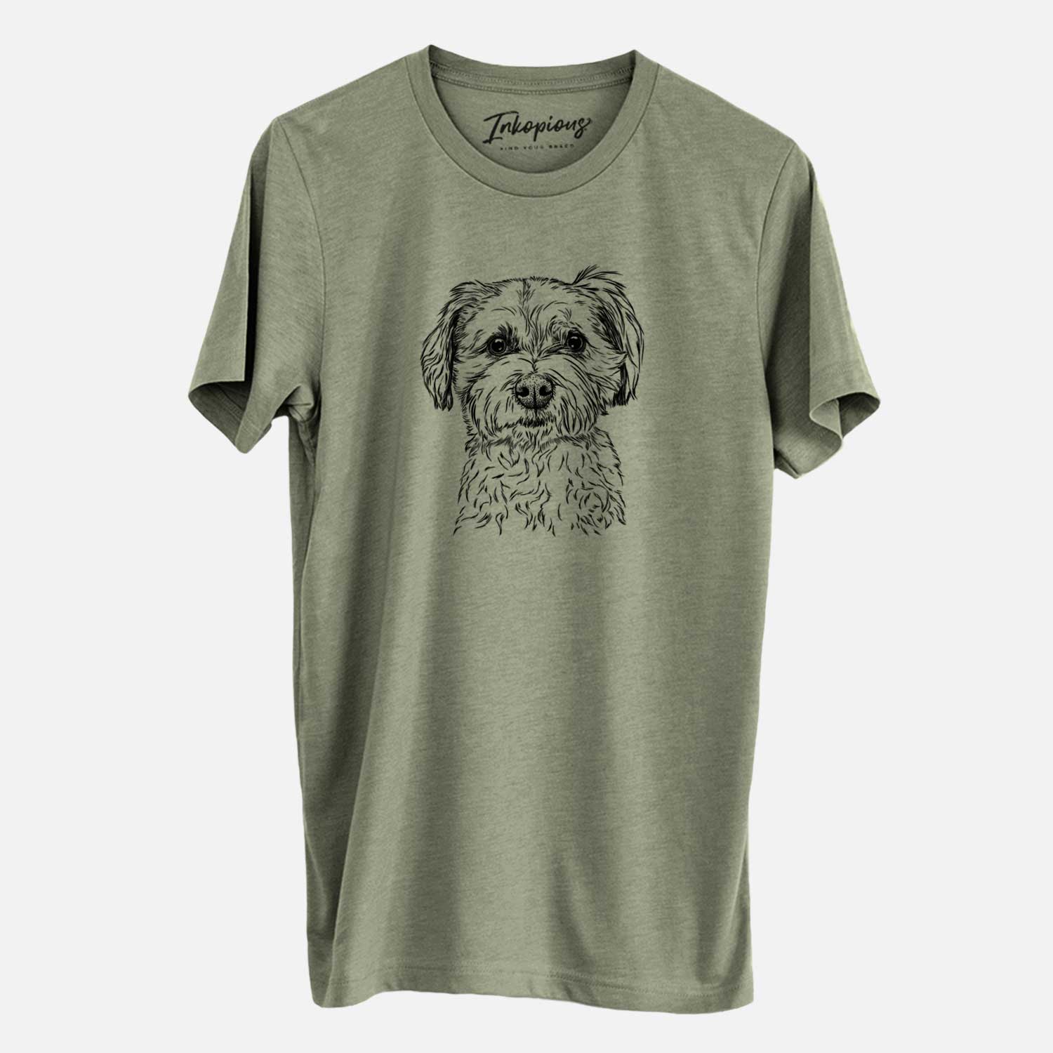 Hand-drawn sketch of Wyatt the Coton de Tulear on an Olive Unisex crewneck