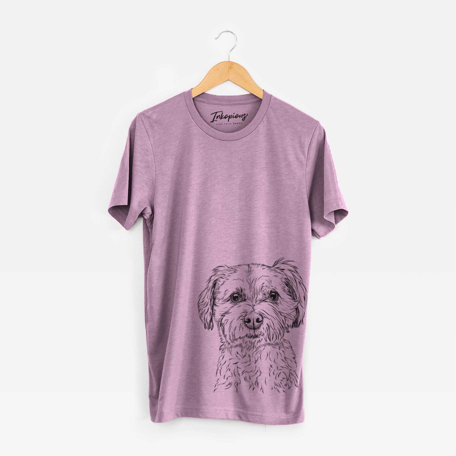 Hand-drawn sketch of Wyatt the Coton de Tulear on an Orchid Unisex crewneck