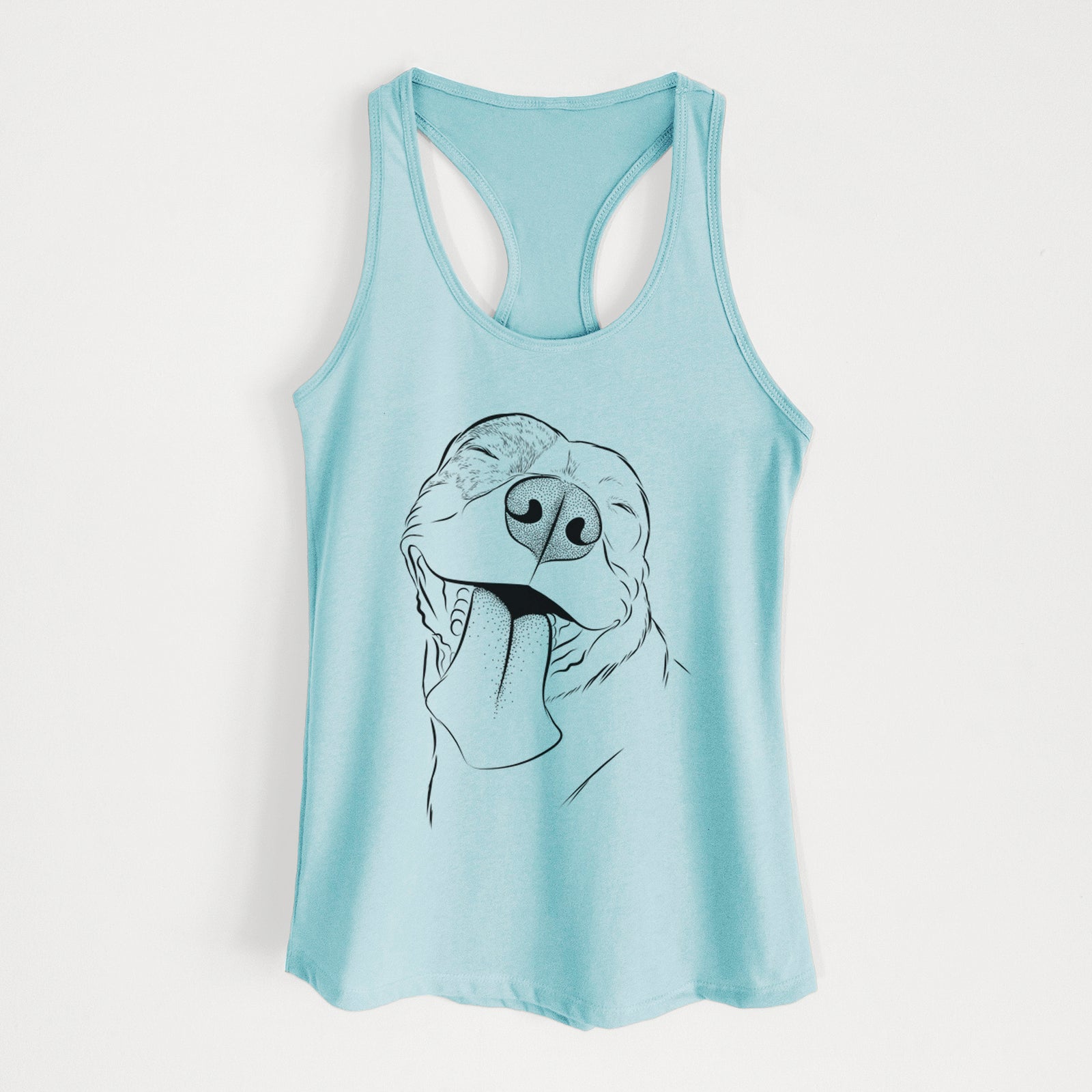 Hand-drawn sketch of Xena the American Staffordshire Terrier on a Cancun Blue Women's racerback tanktop