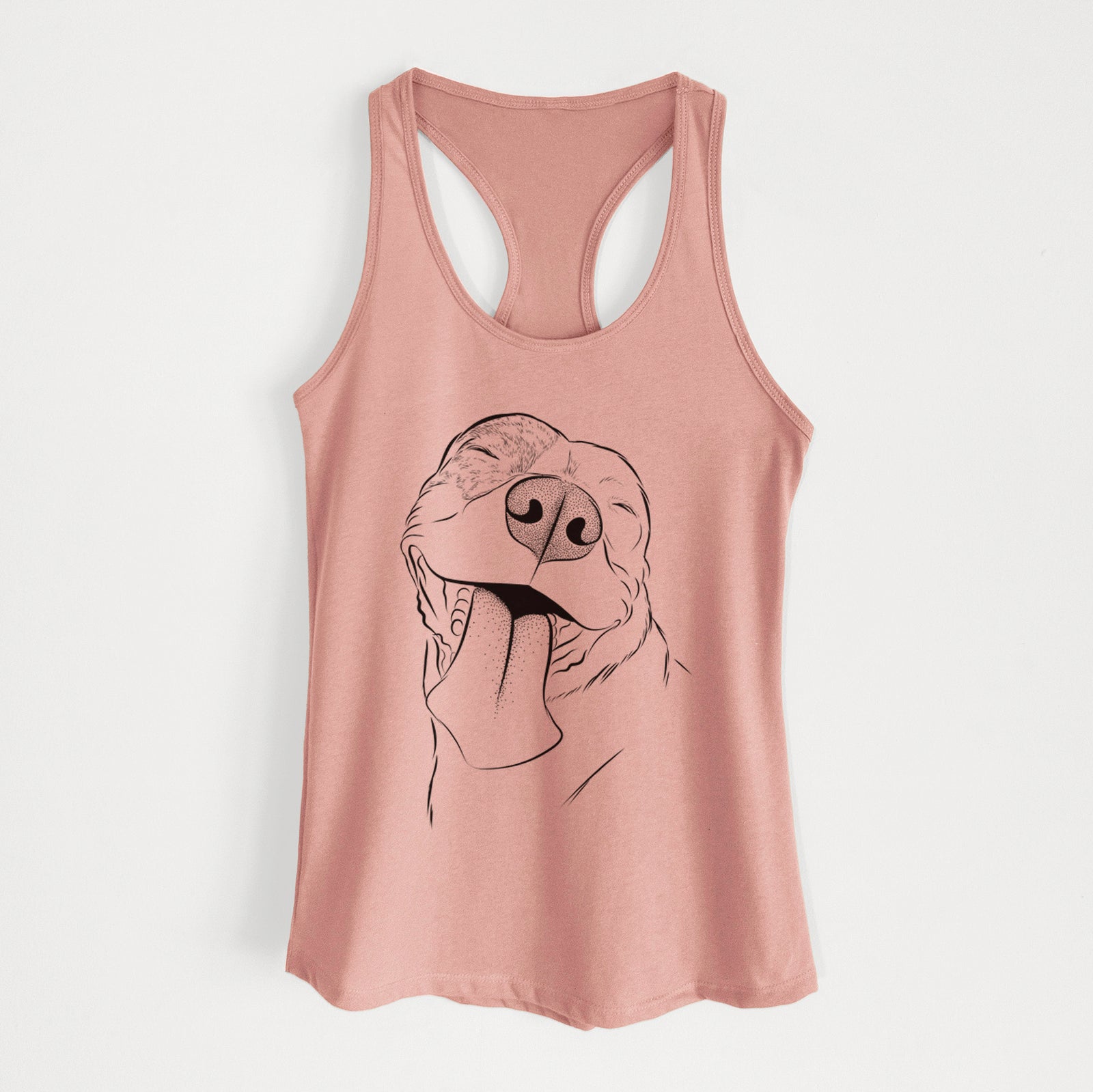 Hand-drawn sketch of Xena the American Staffordshire Terrier on a Desert Pink Women's racerback tanktop