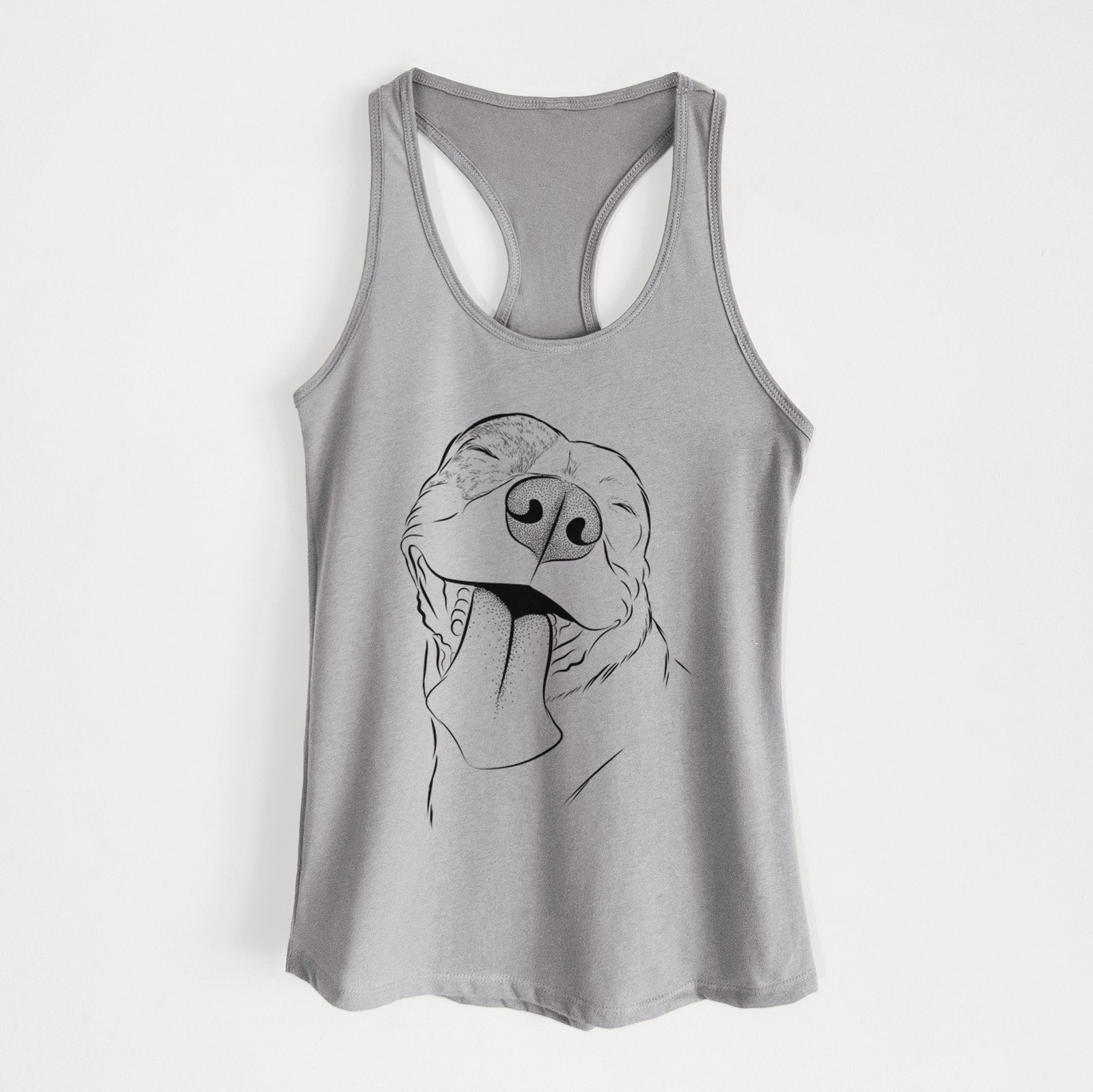 Hand-drawn sketch of Xena the American Staffordshire Terrier on a Heather Grey Women's racerback tanktop