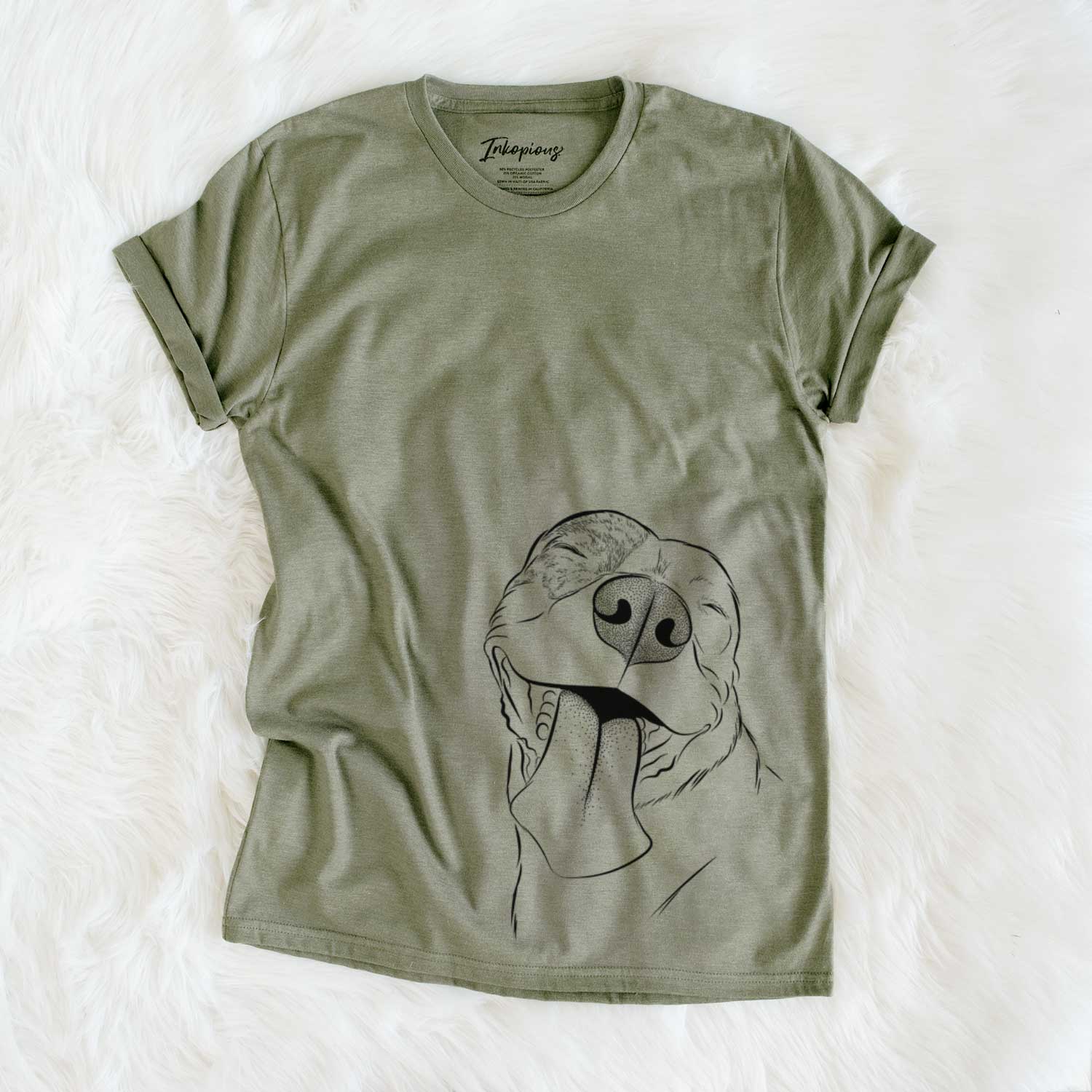 Hand-drawn sketch of Xena the American Staffordshire Terrier on an Olive Unisex crewneck