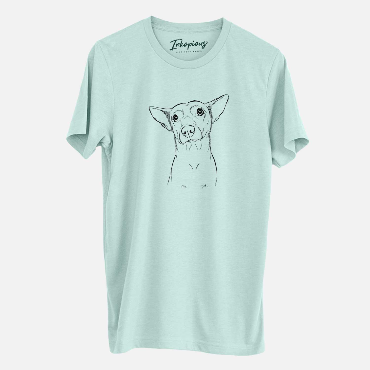 Hand-drawn sketch of Yogi the Mixed Breed on a Heather Sage Unisex crewneck