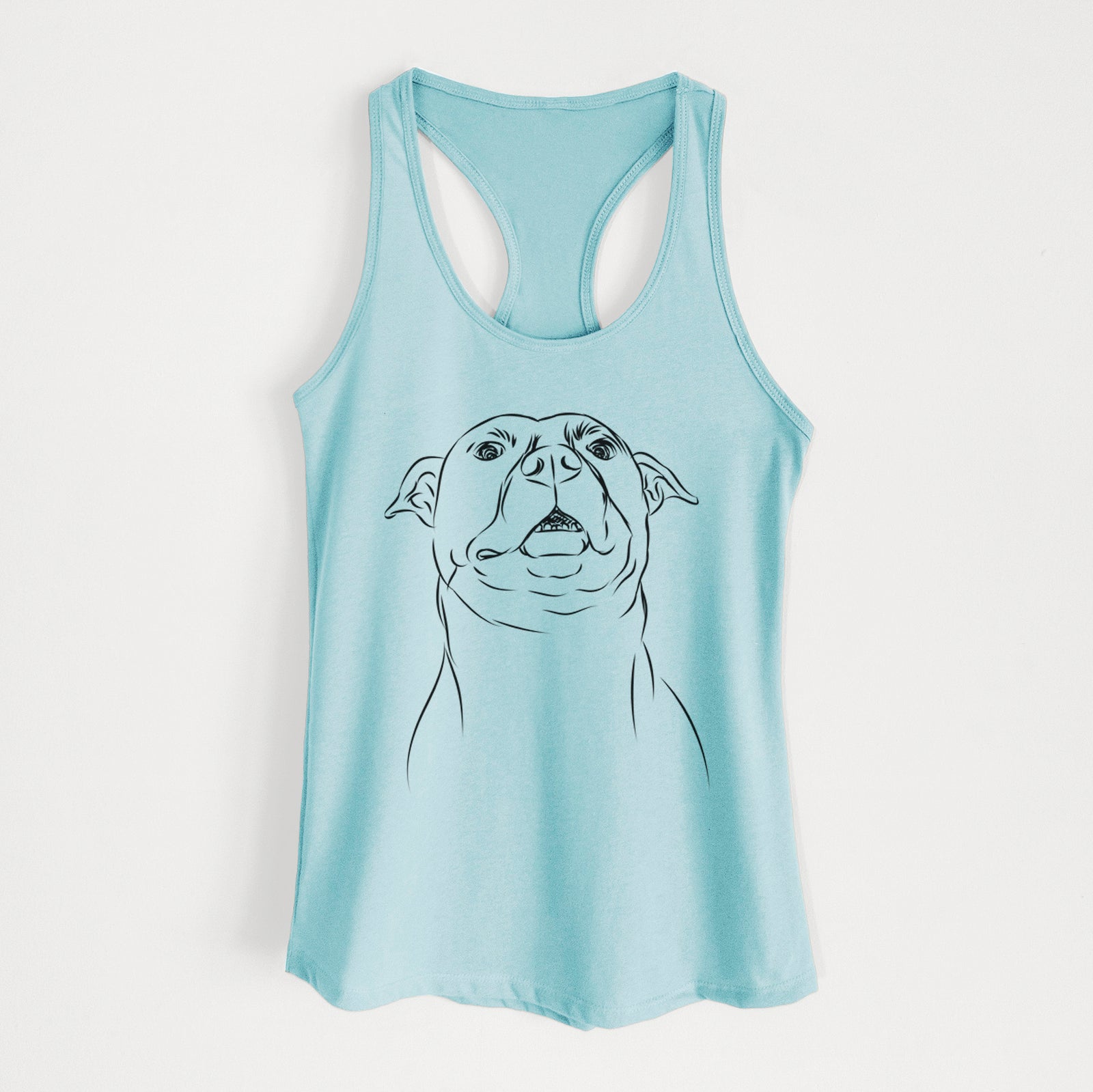 Hand-drawn sketch of Zada the Pitbull on a Cancun Blue Women's racerback tanktop