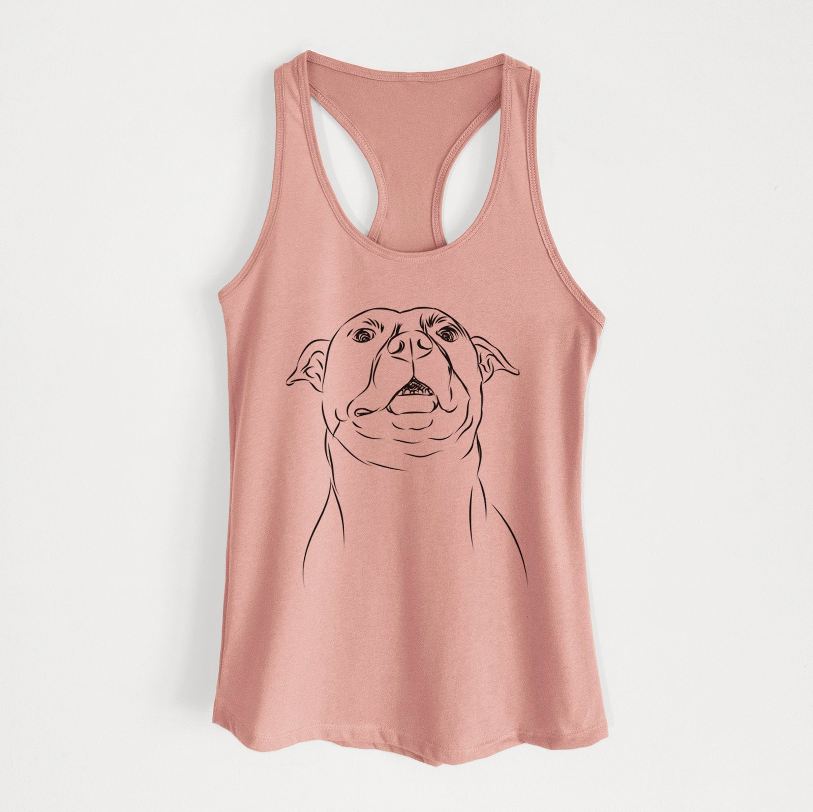 Hand-drawn sketch of Zada the Pitbull on a Desert Pink Women's racerback tanktop