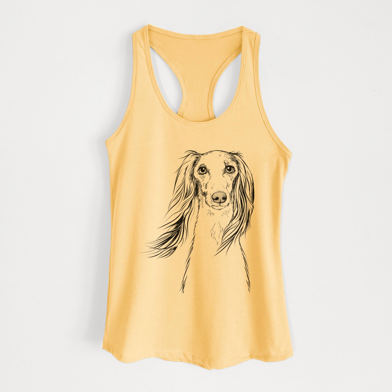 Hand-drawn sketch of Zahra the Saluki on a Banana Cream Women's racerback tanktop