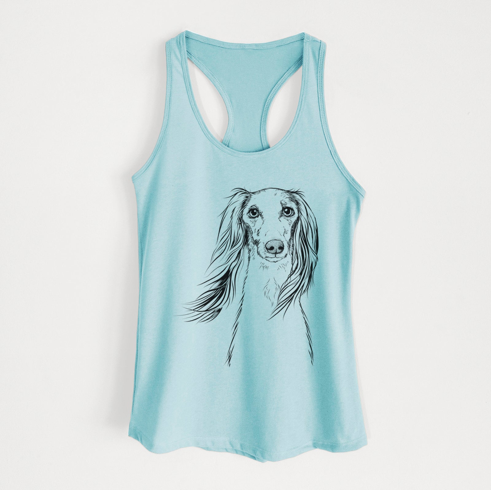Hand-drawn sketch of Zahra the Saluki on a Cancun Blue Women's racerback tanktop