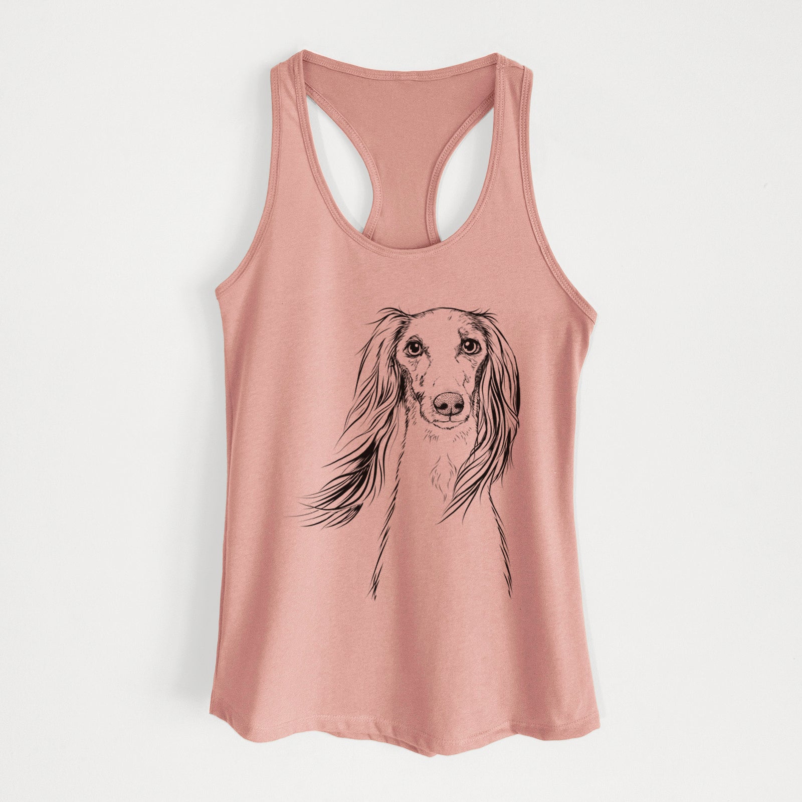 Hand-drawn sketch of Zahra the Saluki on a Desert Pink Women's racerback tanktop