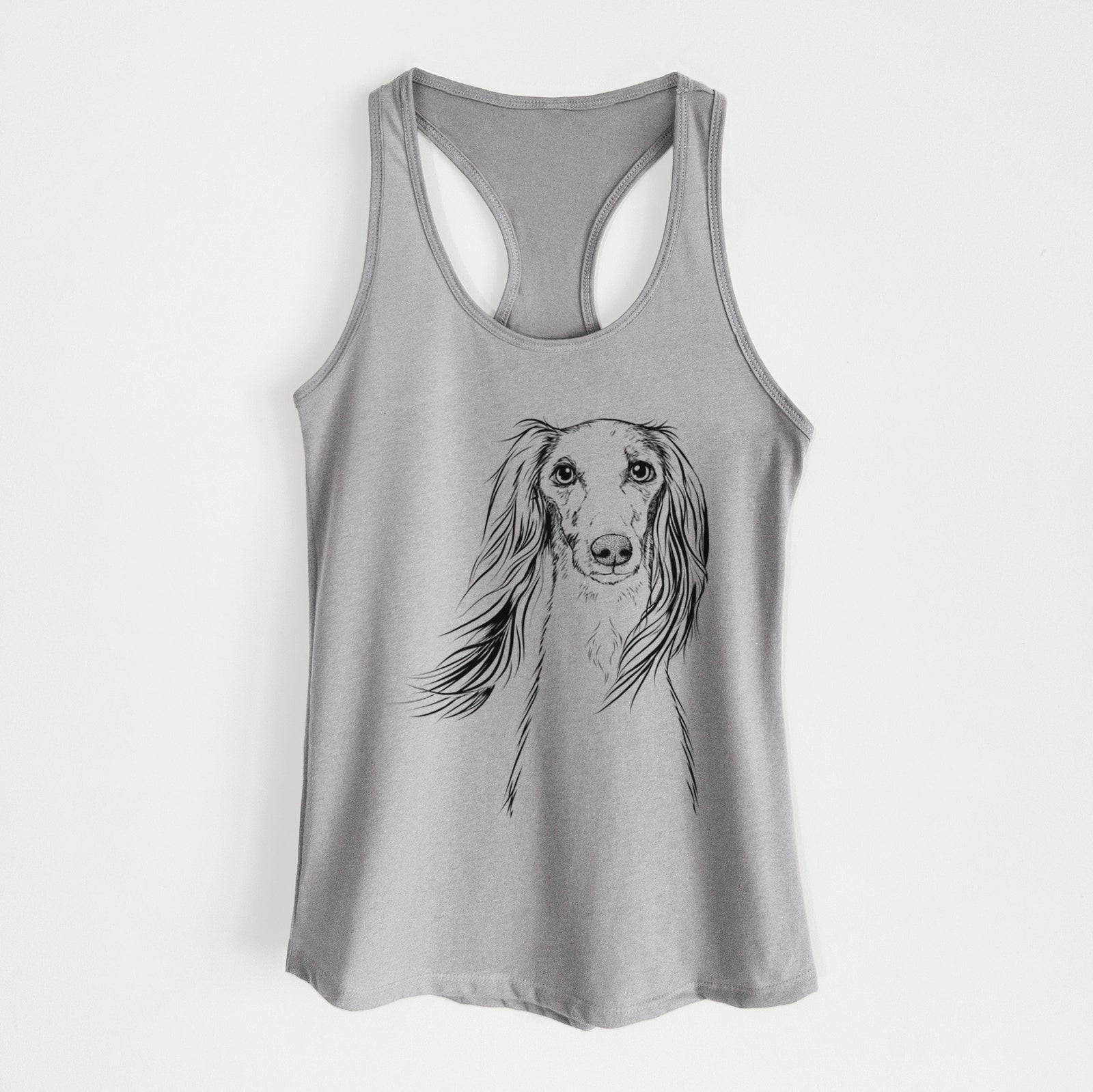 Hand-drawn sketch of Zahra the Saluki on a Heather Grey Women's racerback tanktop