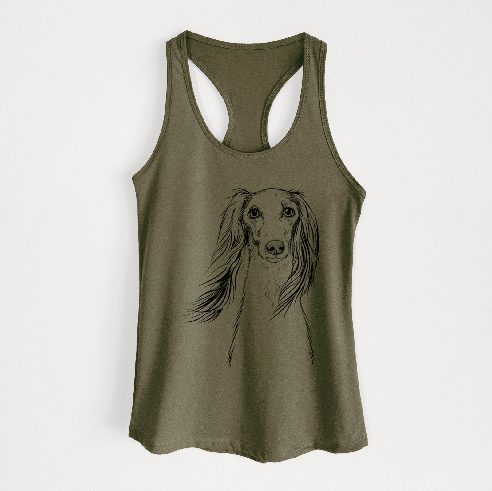 Hand-drawn sketch of Zahra the Saluki on a Military Green Women's racerback tanktop