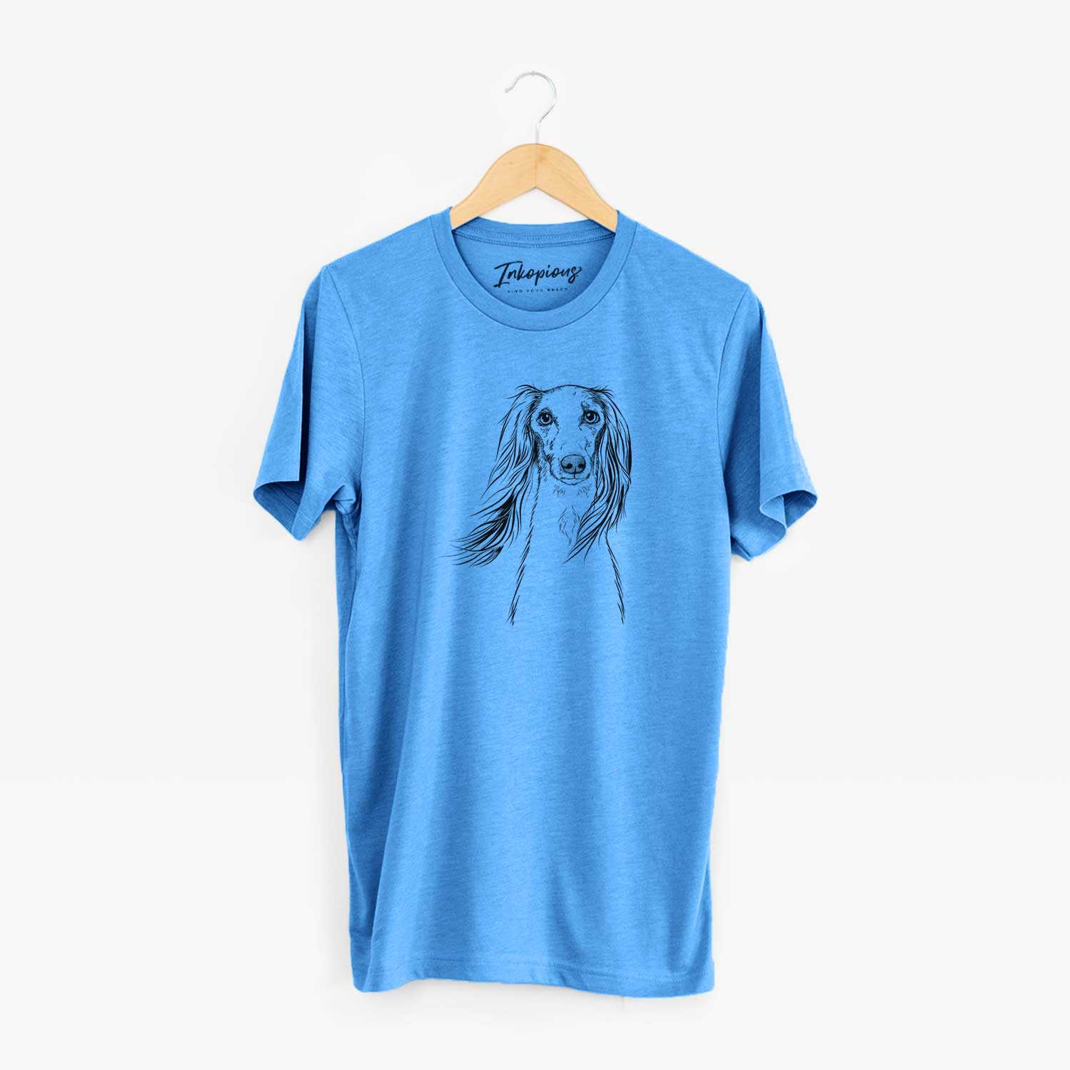 Hand-drawn sketch of Zahra the Saluki on a Blue Unisex crewneck