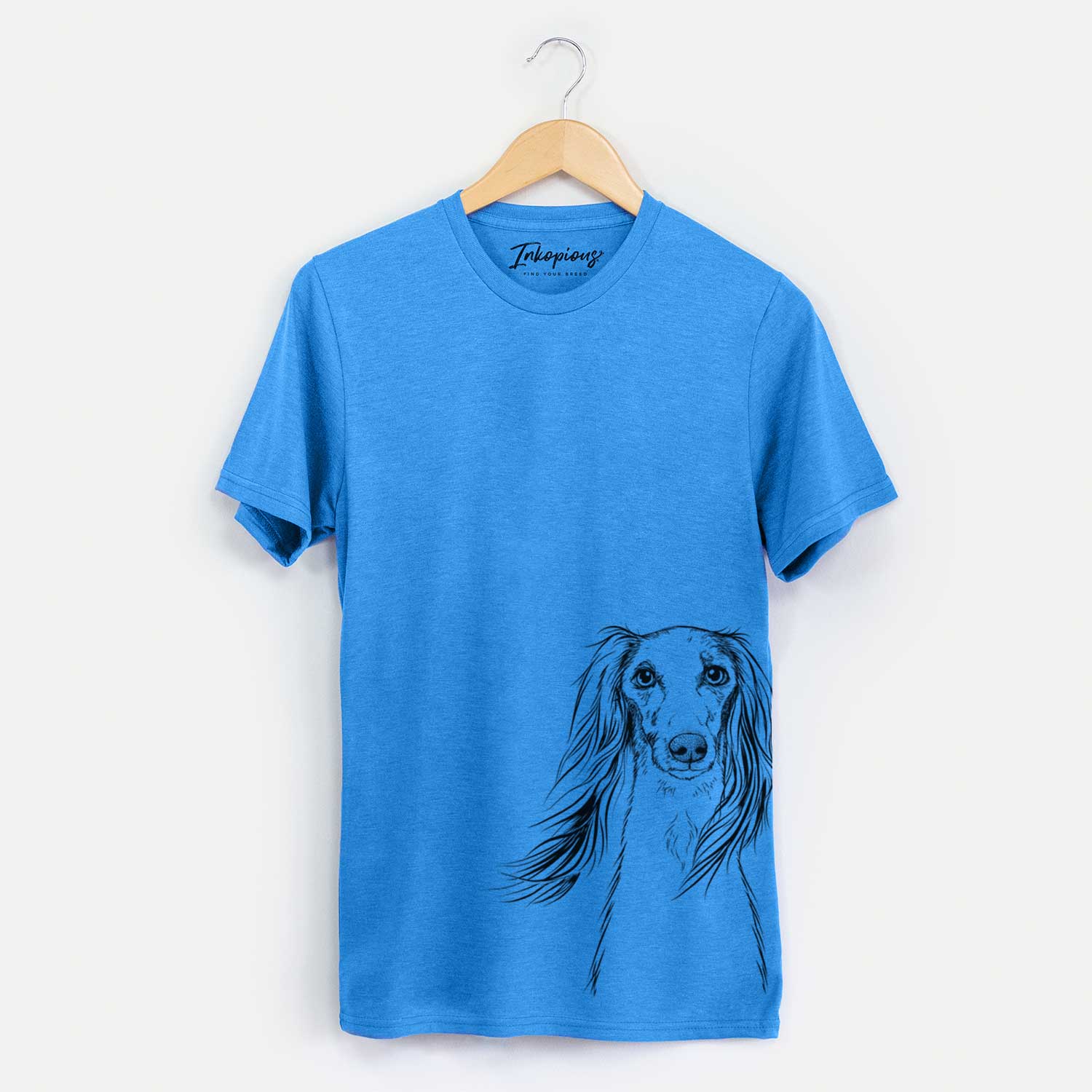 Hand-drawn sketch of Zahra the Saluki on a Blue Unisex crewneck