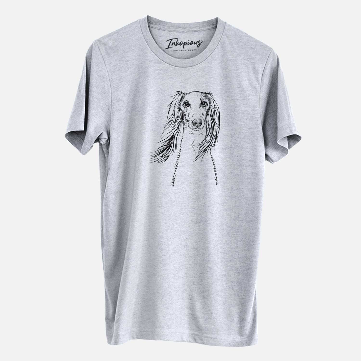 Hand-drawn sketch of Zahra the Saluki on a Grey Unisex crewneck
