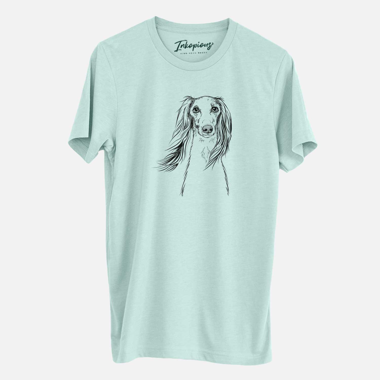 Hand-drawn sketch of Zahra the Saluki on a Heather Sage Unisex crewneck