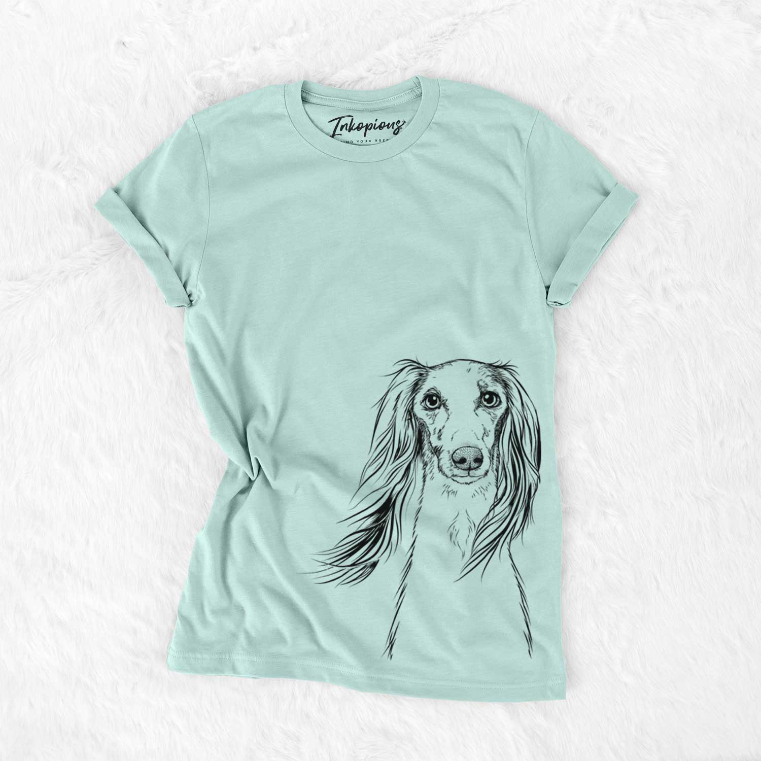 Hand-drawn sketch of Zahra the Saluki on a Heather Sage Unisex crewneck