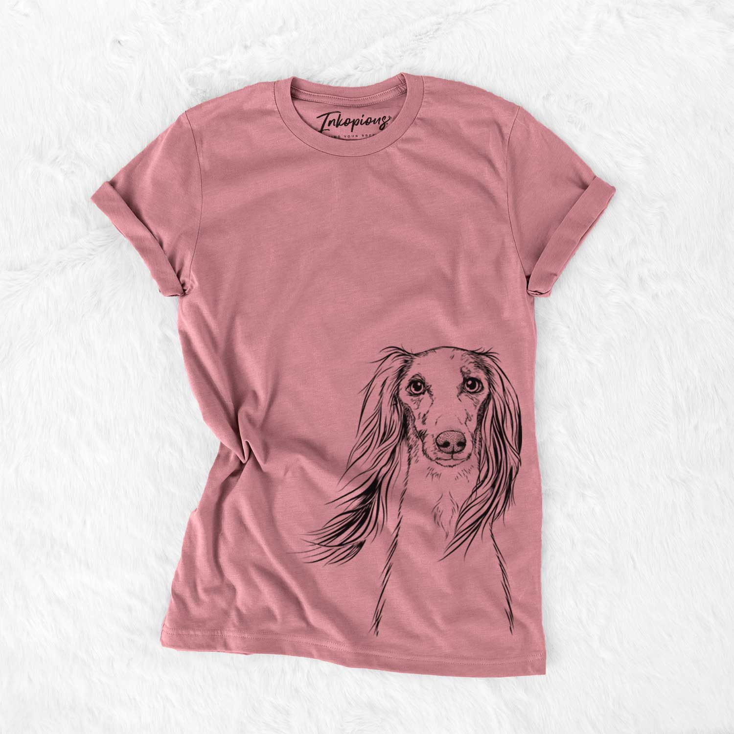 Hand-drawn sketch of Zahra the Saluki on a Mauve Unisex crewneck