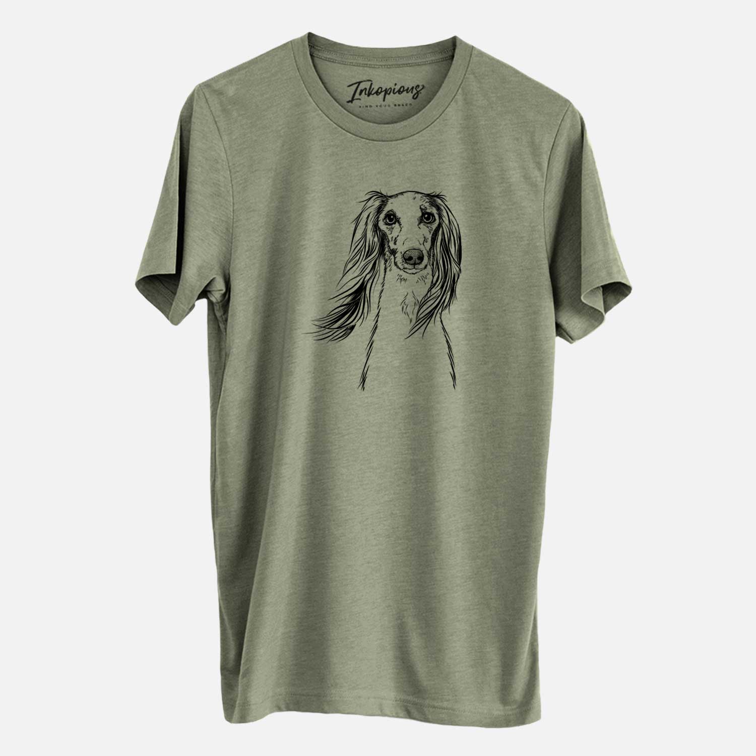 Hand-drawn sketch of Zahra the Saluki on an Olive Unisex crewneck