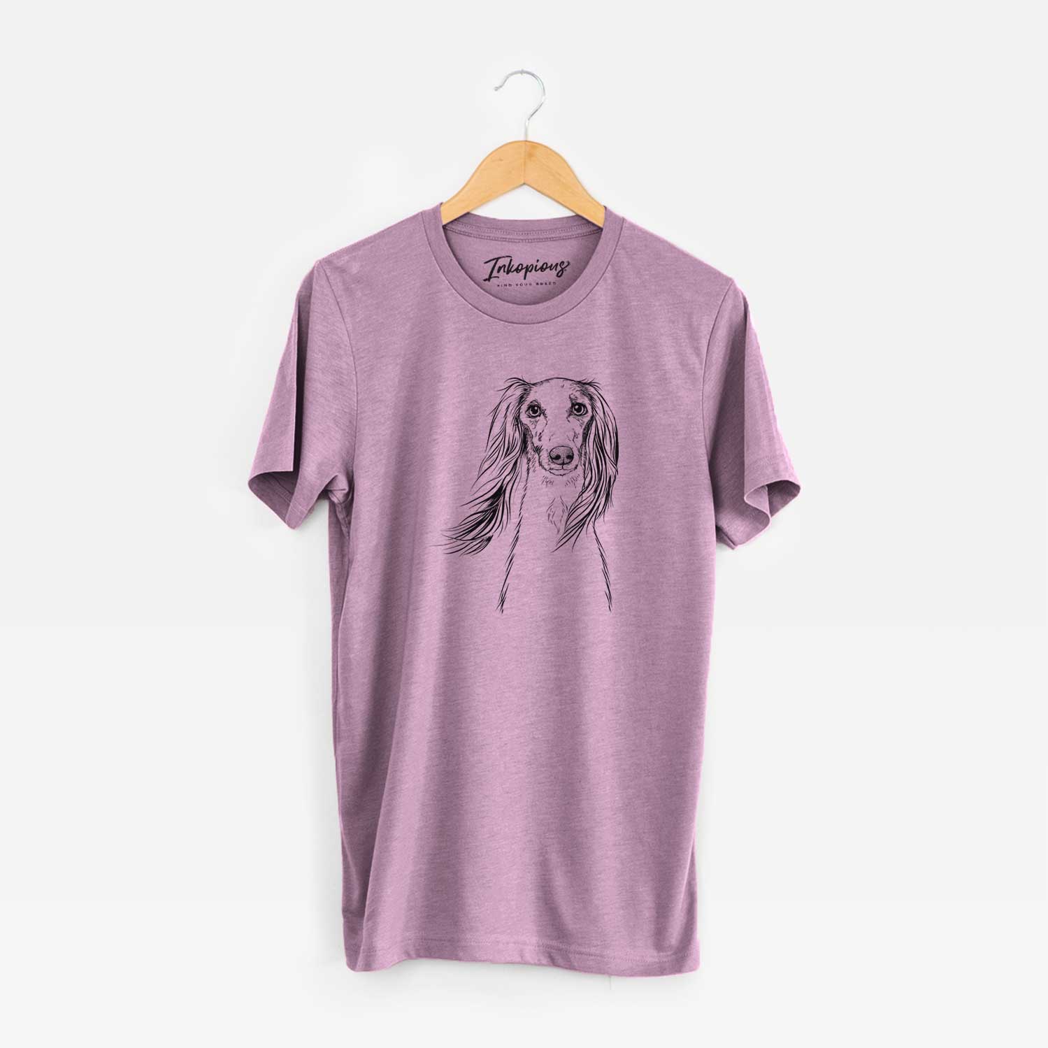 Hand-drawn sketch of Zahra the Saluki on an Orchid Unisex crewneck