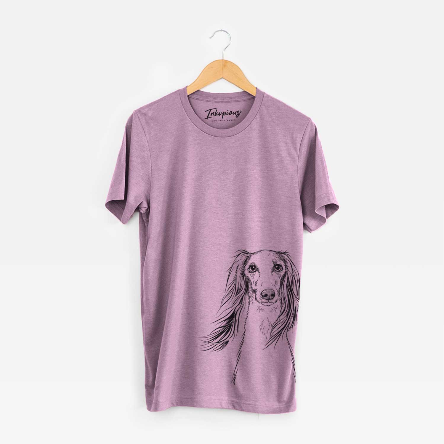 Hand-drawn sketch of Zahra the Saluki on an Orchid Unisex crewneck