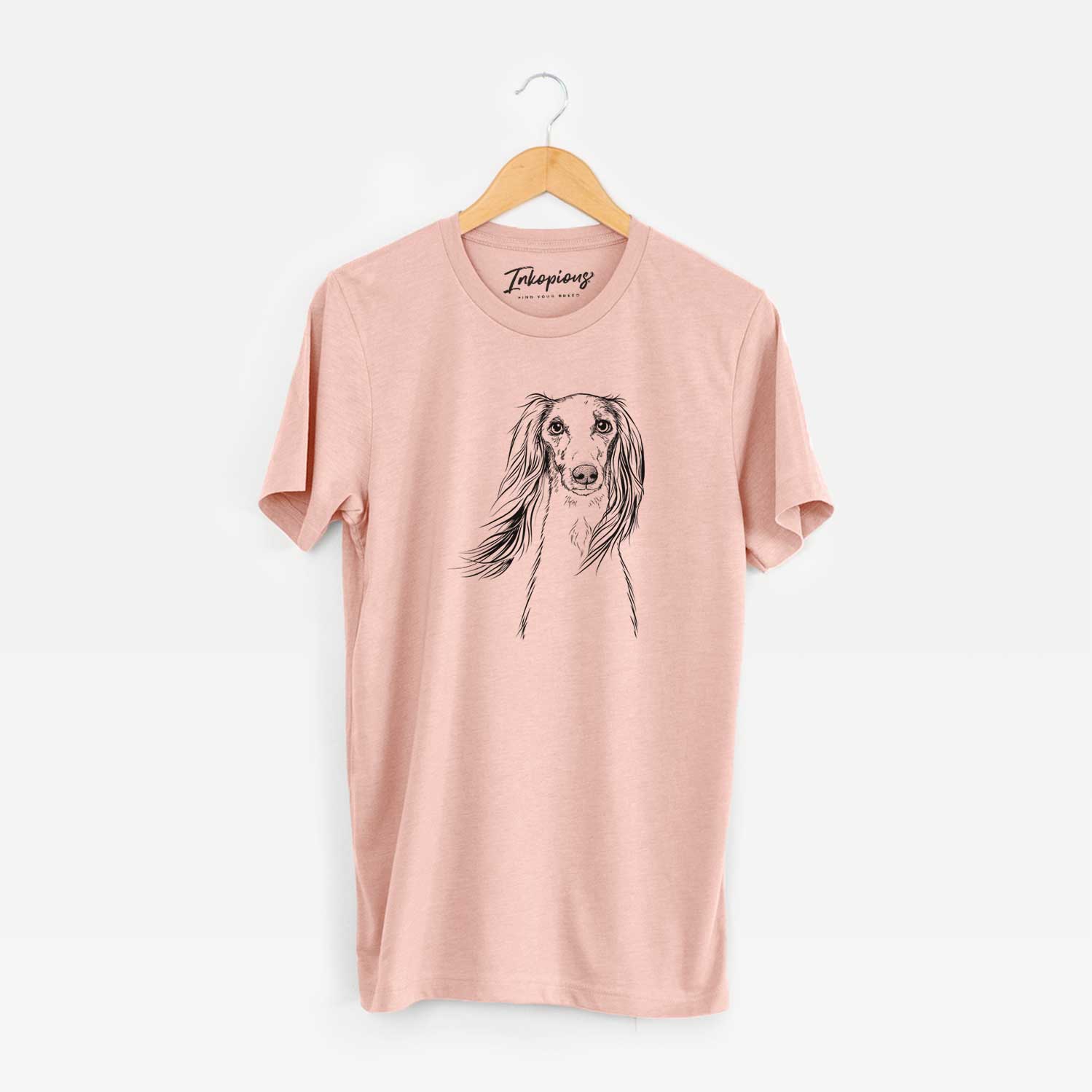Hand-drawn sketch of Zahra the Saluki on a Peach Unisex crewneck