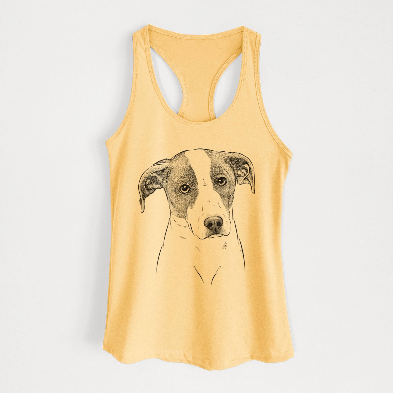 Hand-drawn sketch of Zephyr the Pointer Mix on a Banana Cream Women's racerback tanktop