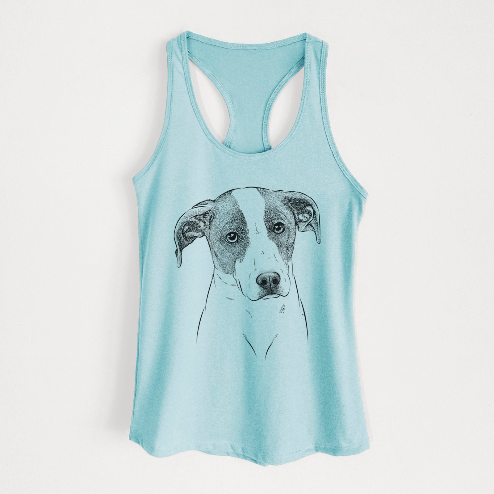 Hand-drawn sketch of Zephyr the Pointer Mix on a Cancun Blue Women's racerback tanktop