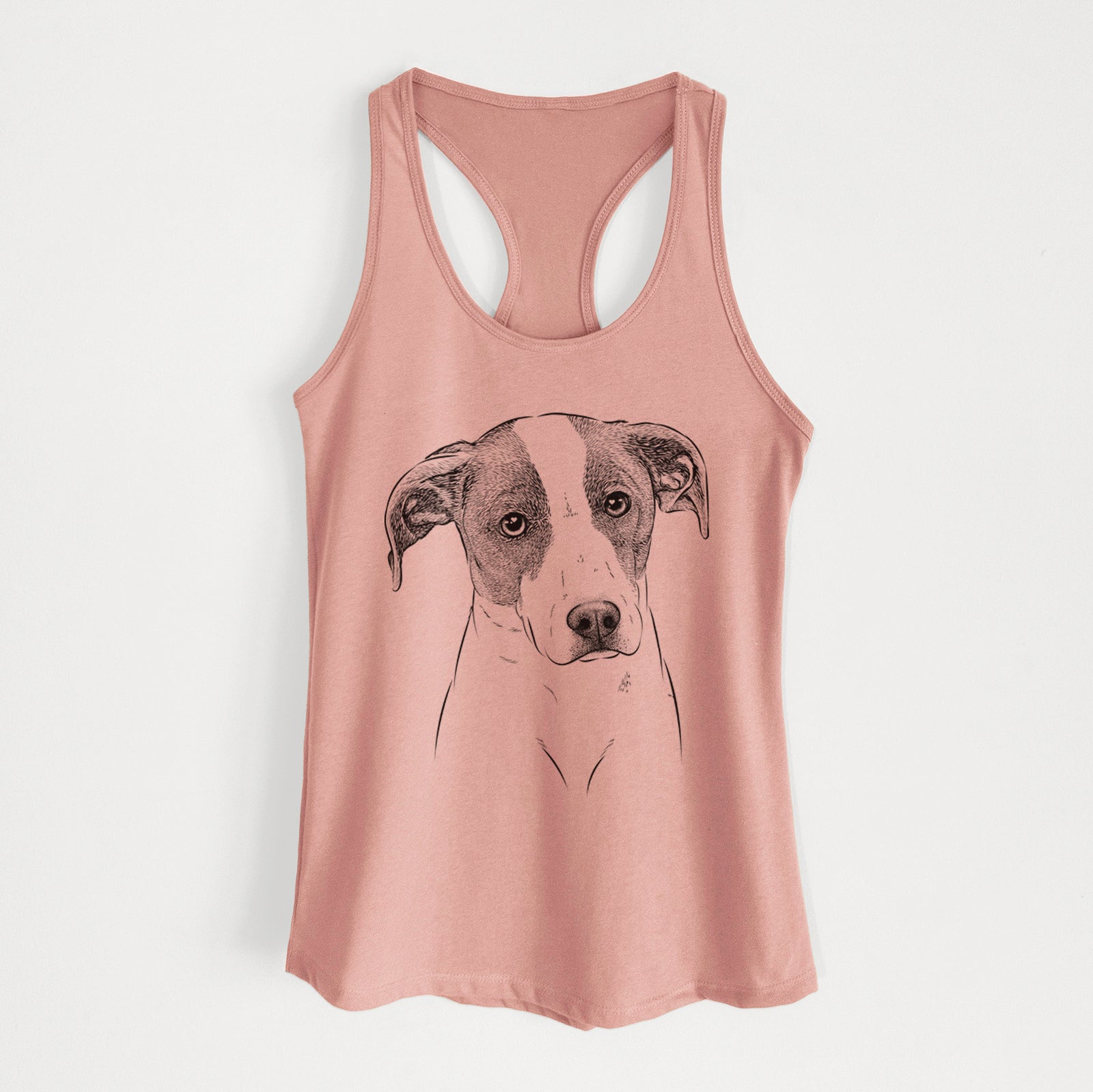 Hand-drawn sketch of Zephyr the Pointer Mix on a Desert Pink Women's racerback tanktop