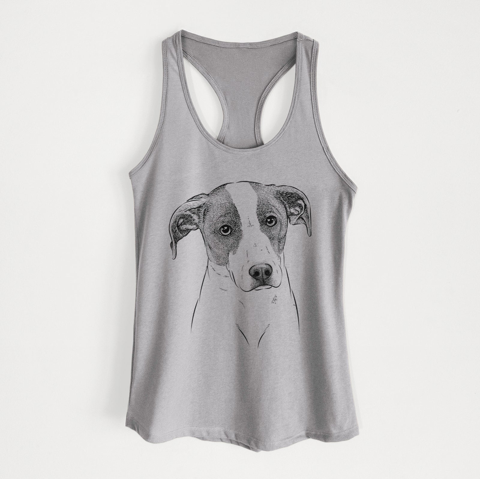Hand-drawn sketch of Zephyr the Pointer Mix on a Heather Grey Women's racerback tanktop