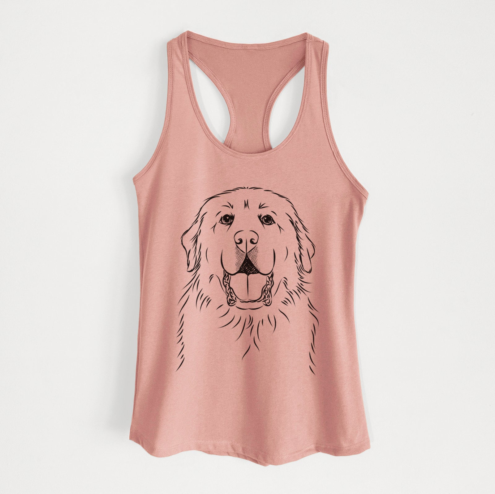 Hand-drawn sketch of Zeus the Great Pyrenees on a Desert Pink Women's racerback tanktop