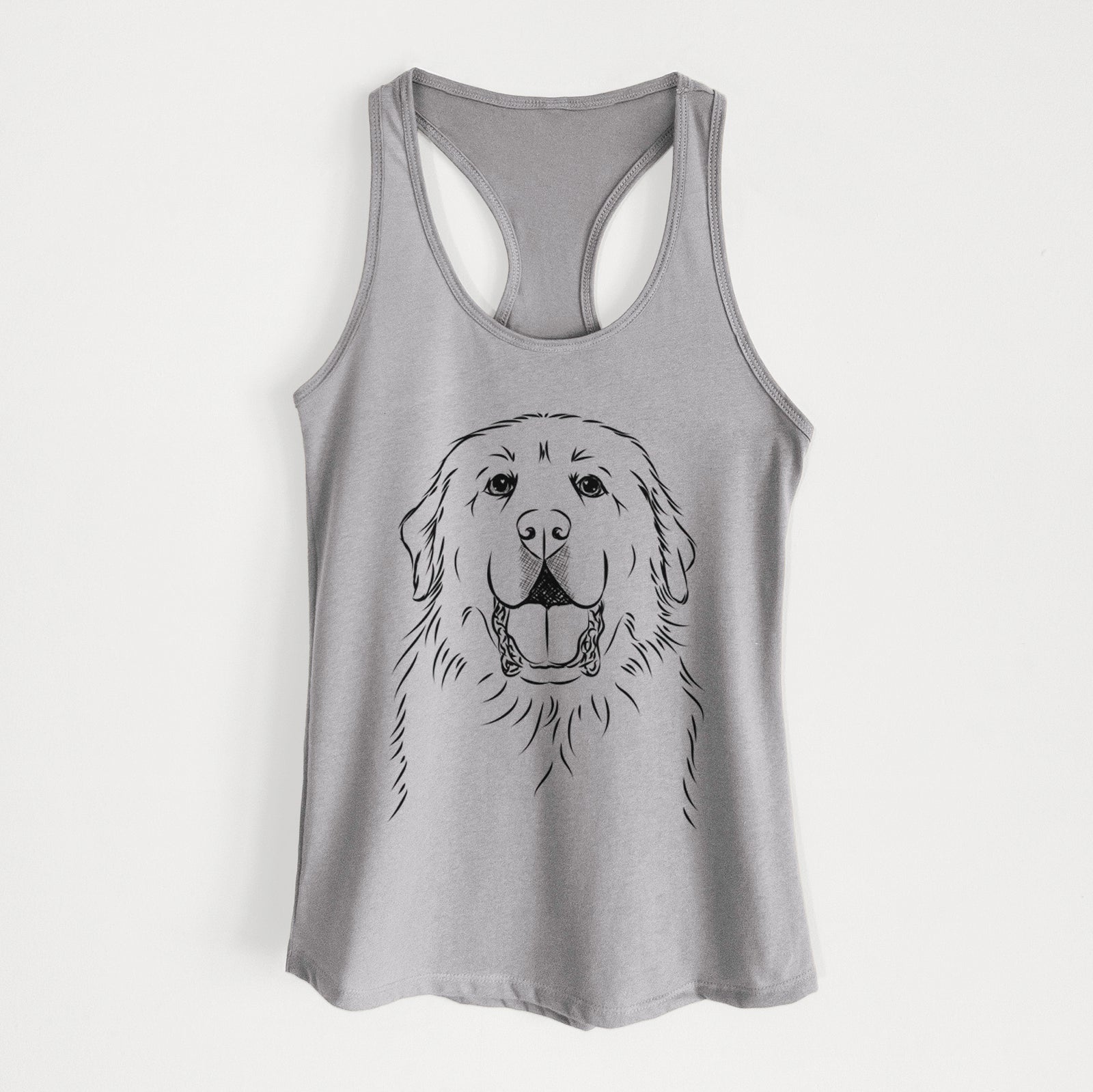 Hand-drawn sketch of Zeus the Great Pyrenees on a Heather Grey Women's racerback tanktop