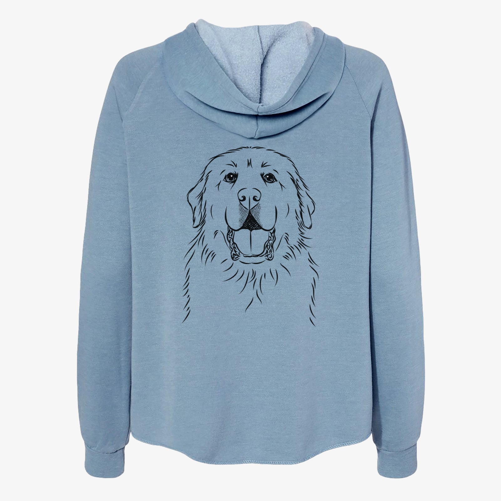 Hand-drawn sketch of Zeus the Great Pyrenees on a Misty Blue Women's cali wave zip-up sweatshirt