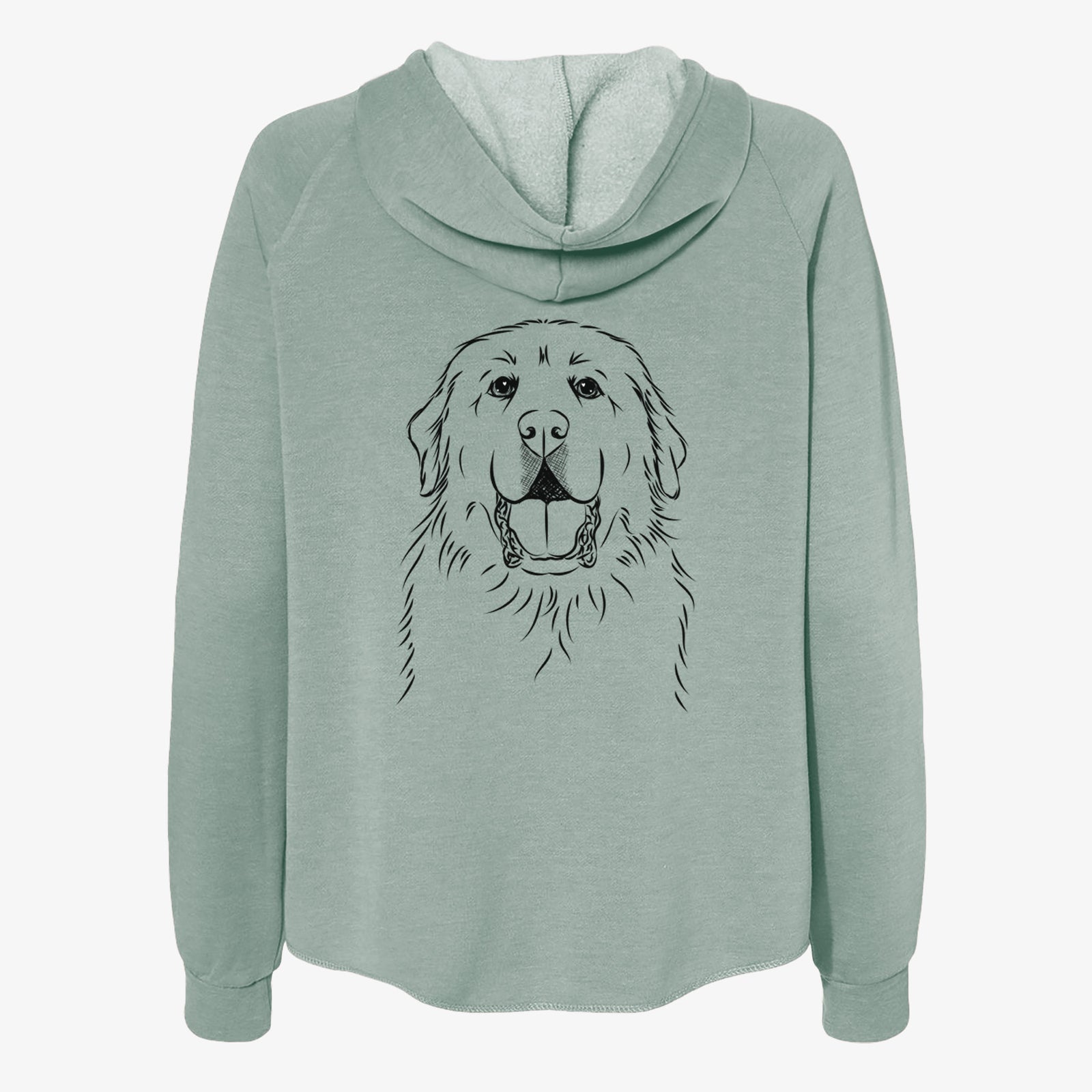 Hand-drawn sketch of Zeus the Great Pyrenees on a Sage Women's cali wave zip-up sweatshirt