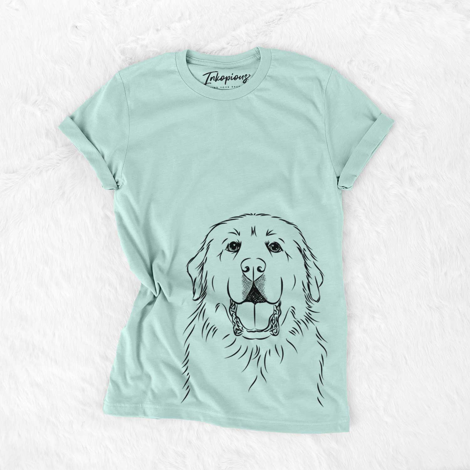 Hand-drawn sketch of Zeus the Great Pyrenees on a Heather Sage Bella Canvas Unisex Crewneck