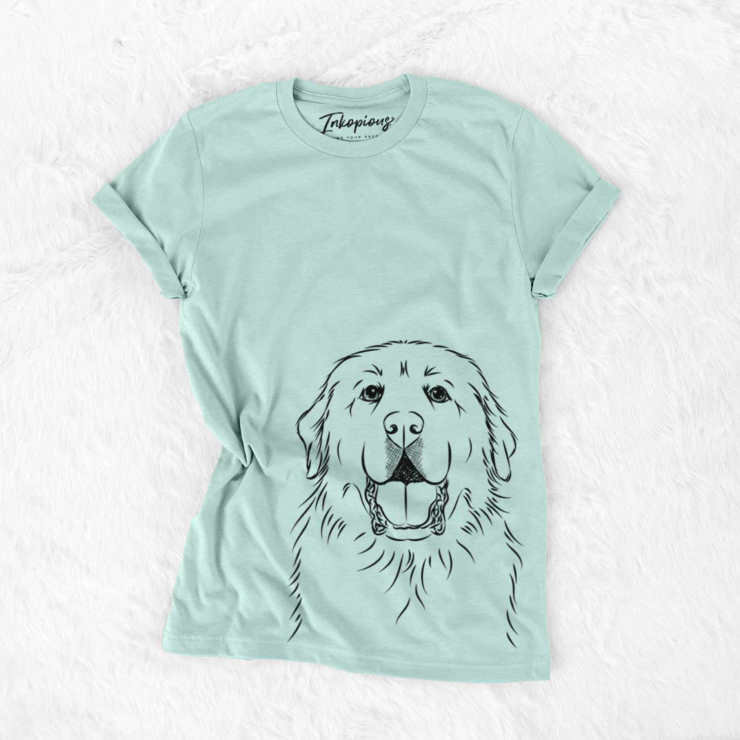Hand-drawn sketch of Zeus the Great Pyrenees on a Heather Sage Unisex crewneck