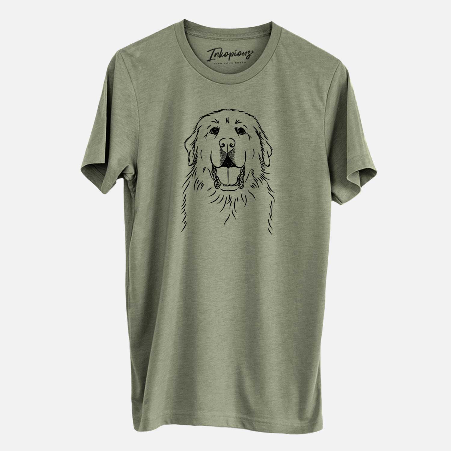 Hand-drawn sketch of Zeus the Great Pyrenees on an Olive Unisex crewneck