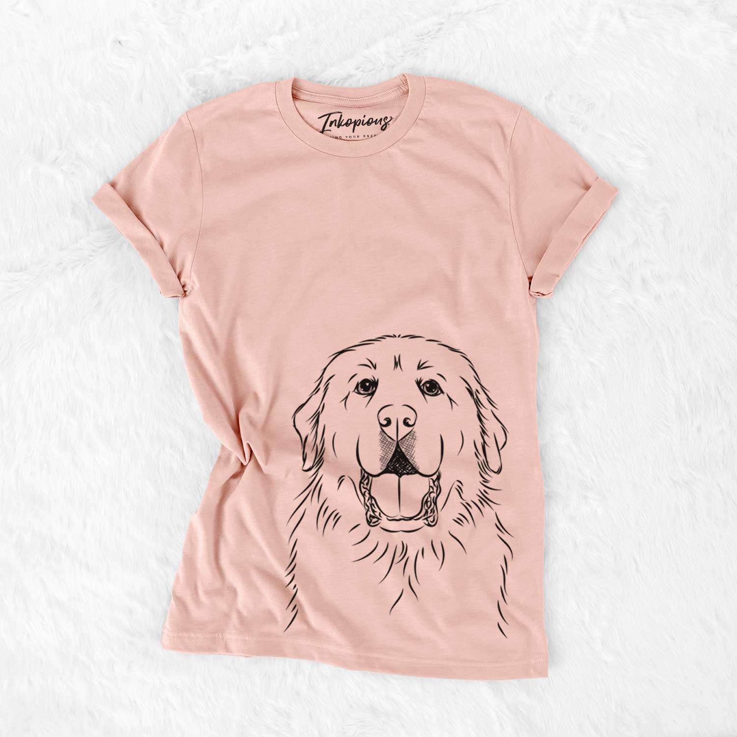 Hand-drawn sketch of Zeus the Great Pyrenees on a Peach Bella Canvas Unisex Crewneck