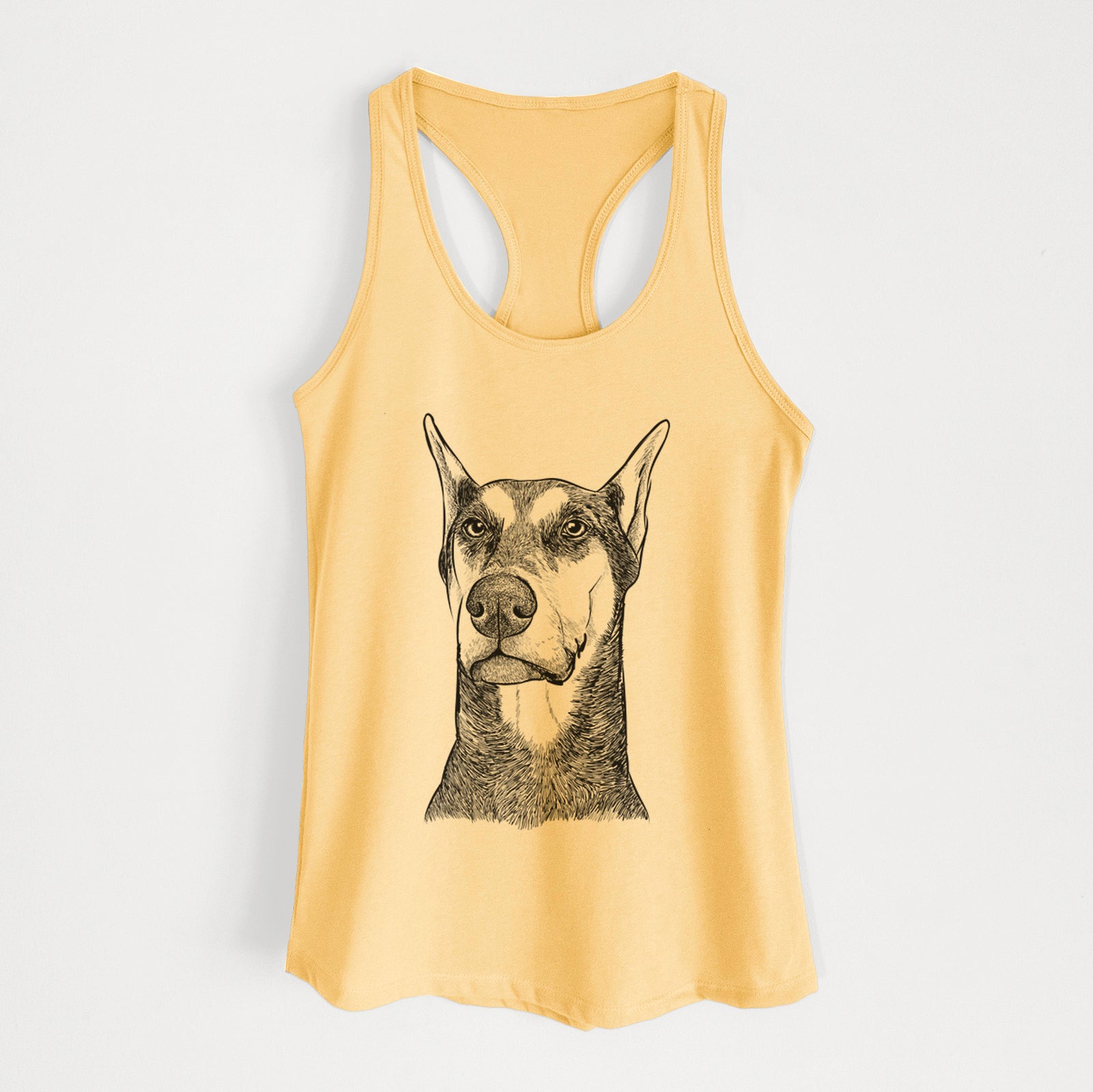 Hand-drawn sketch of Zeus the Doberman Pinscher on a Banana Cream Women's racerback tanktop
