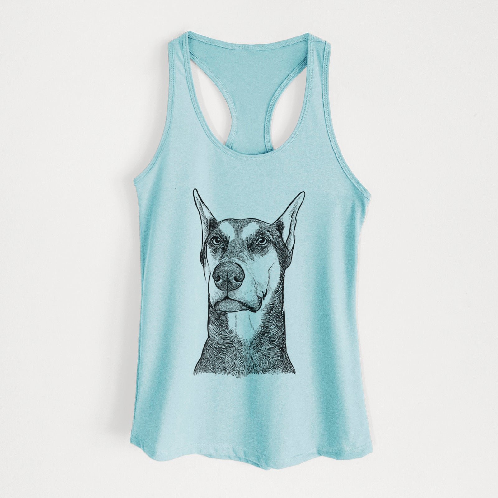 Hand-drawn sketch of Zeus the Doberman Pinscher on a Cancun Blue Women's racerback tanktop