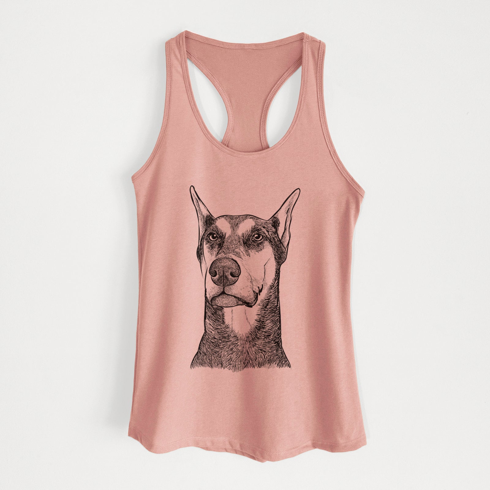 Hand-drawn sketch of Zeus the Doberman Pinscher on a Desert Pink Women's racerback tanktop