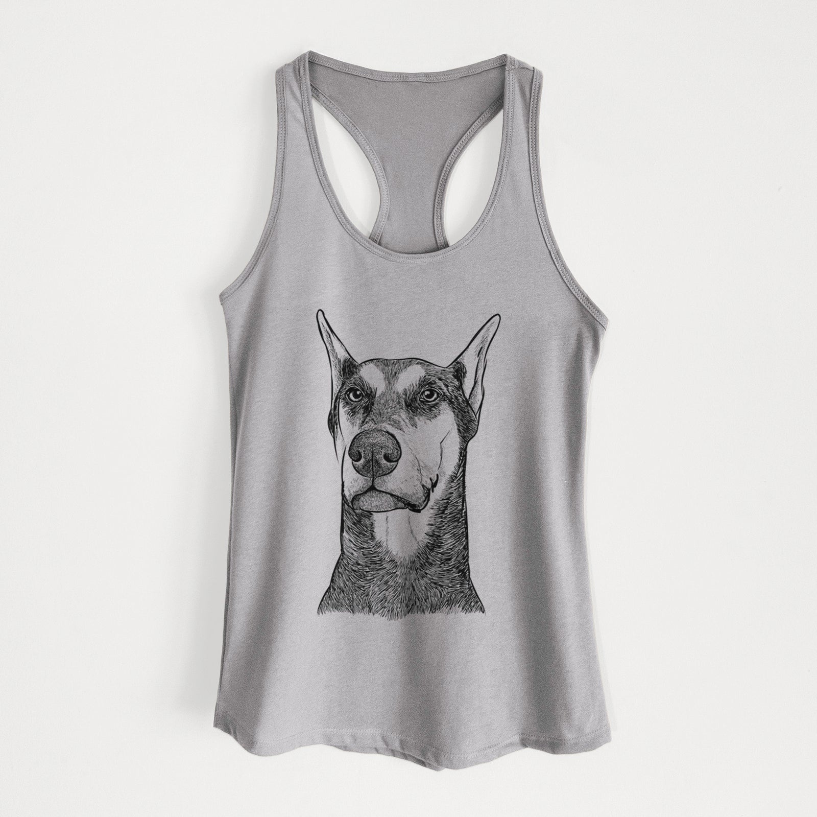 Hand-drawn sketch of Zeus the Doberman Pinscher on a Heather Grey Women's racerback tanktop