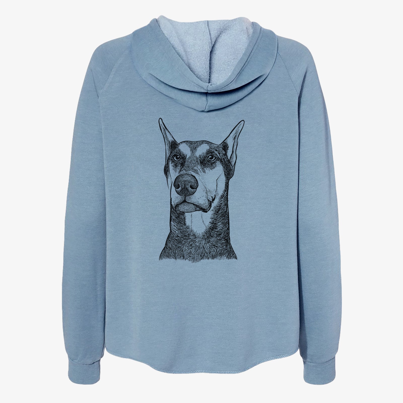 Hand-drawn sketch of Zeus the Doberman Pinscher on a Misty Blue Women's cali wave zip-up sweatshirt