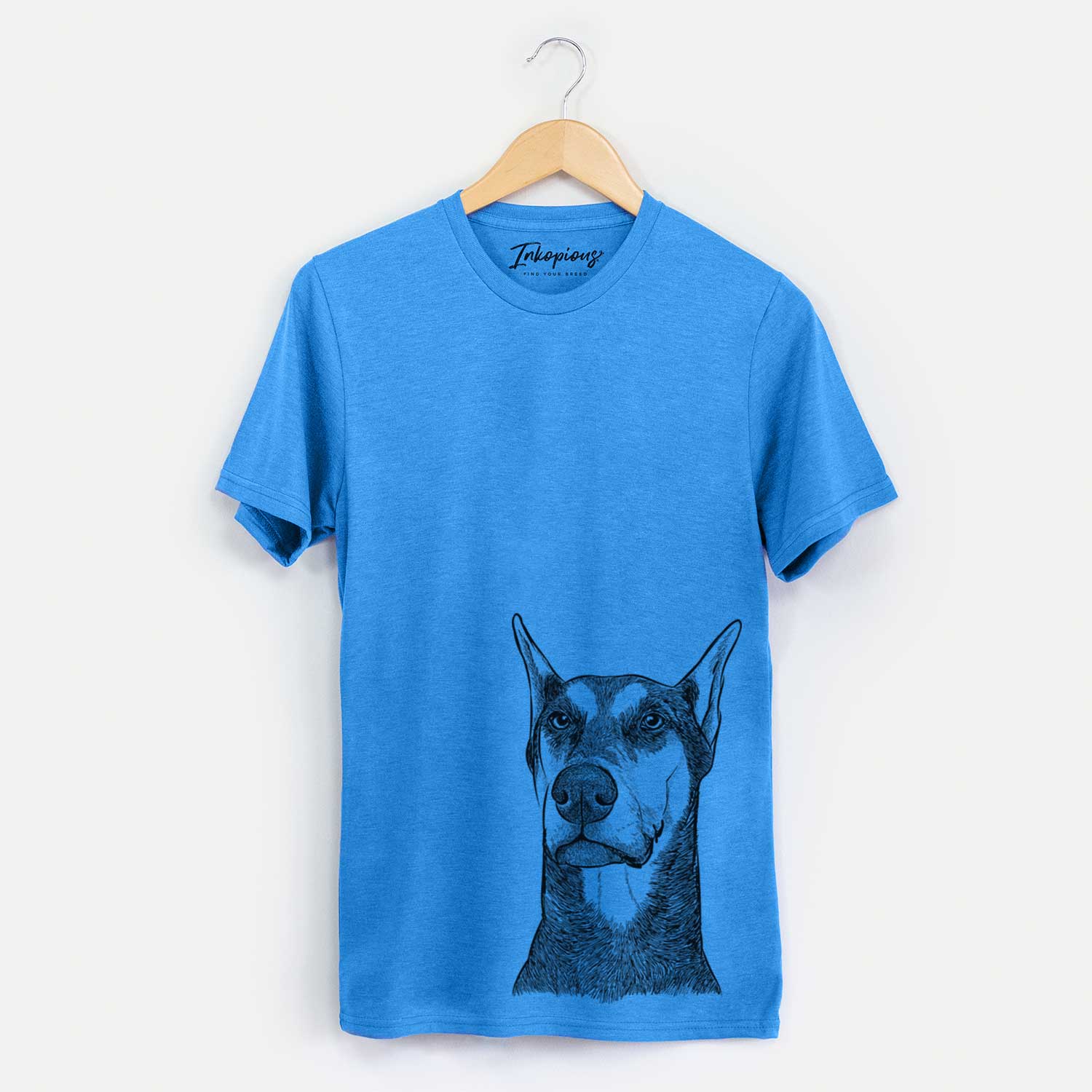 Hand-drawn sketch of Zeus the Doberman Pinscher on a Blue Unisex crewneck