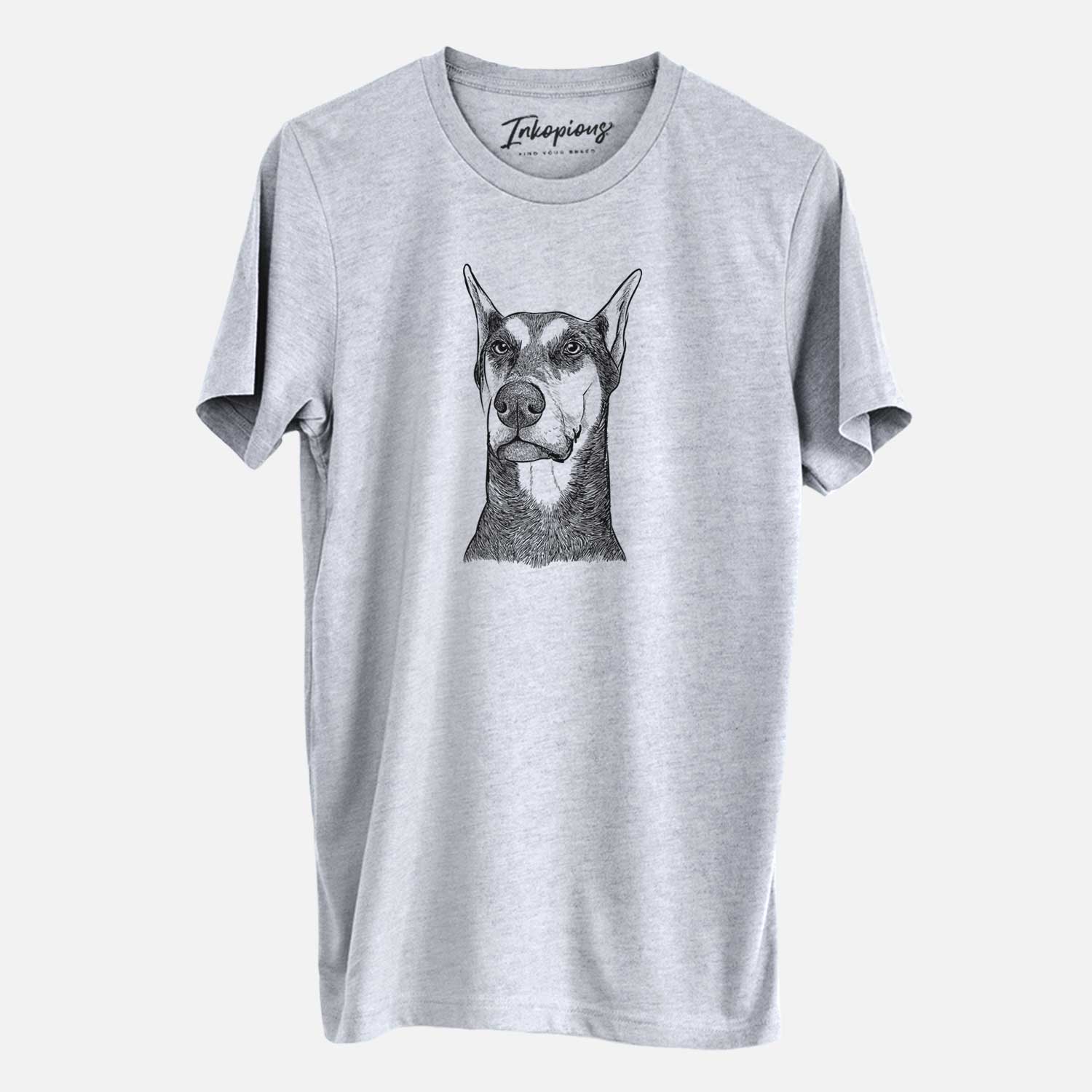Hand-drawn sketch of Zeus the Doberman Pinscher on a Grey Unisex crewneck