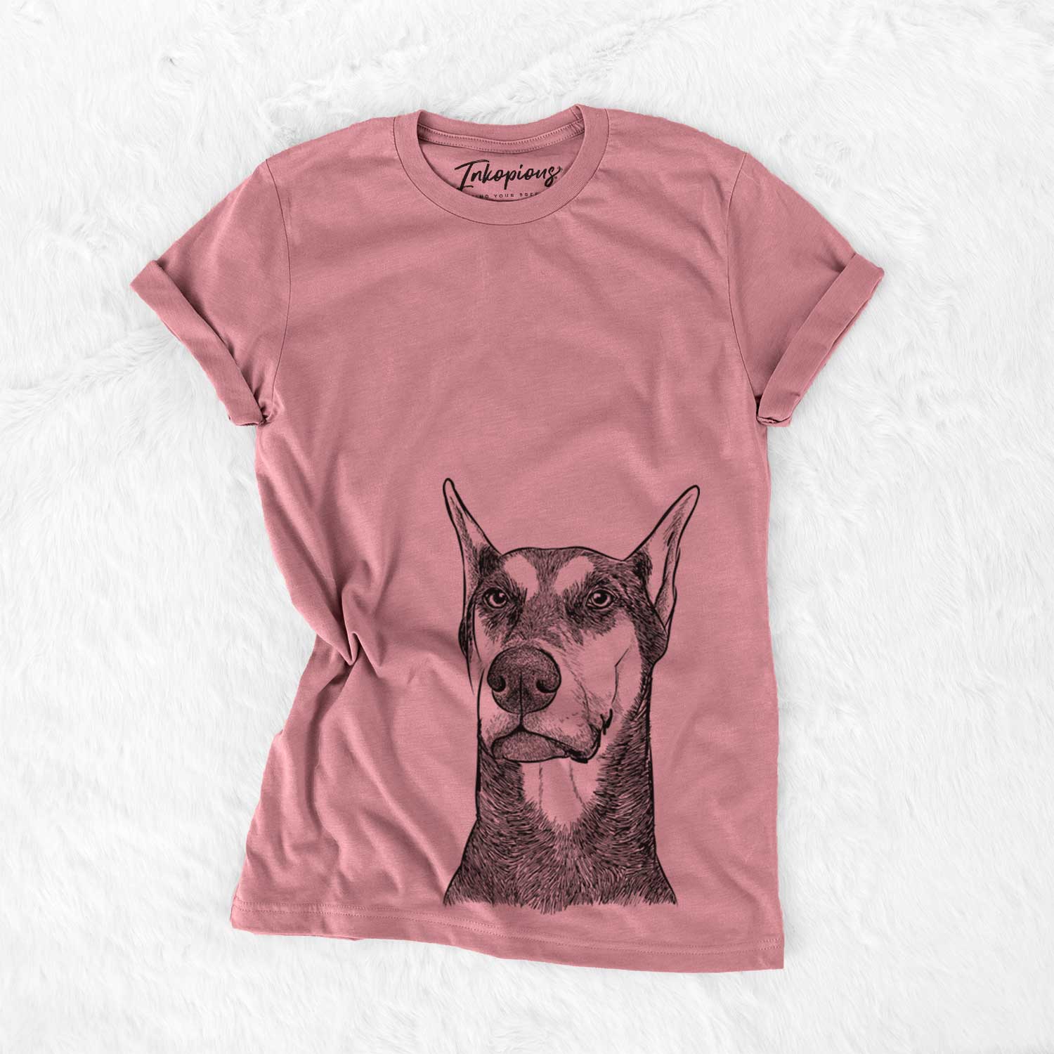 Hand-drawn sketch of Zeus the Doberman Pinscher on a Mauve Bella Canvas Unisex Crewneck