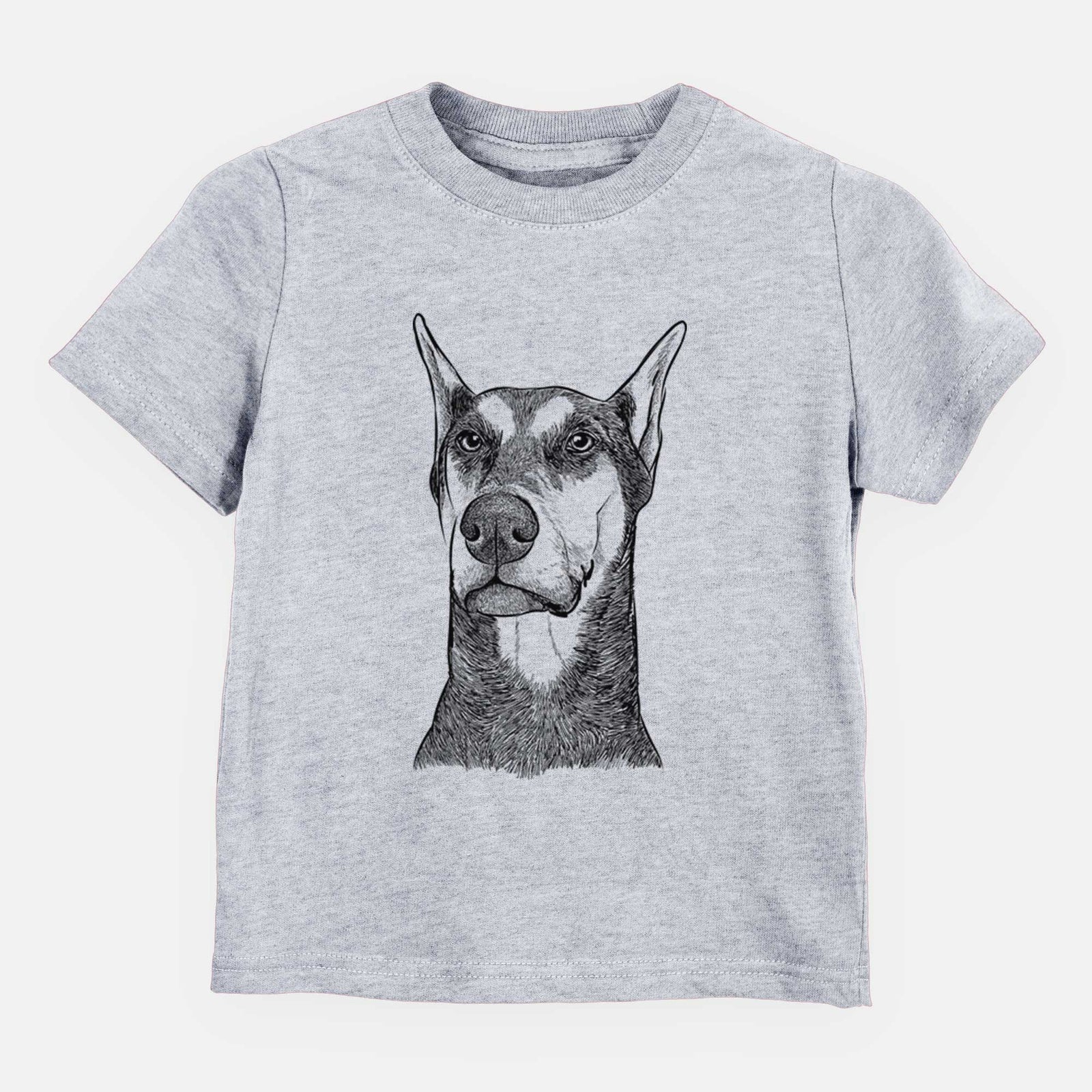 Hand-drawn sketch of Zeus the Doberman Pinscher on a Grey kids' shirt